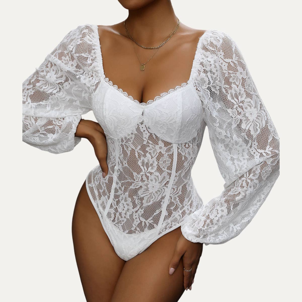 Flirty and Elegant Sheer Lace Long Sleeve Bodysuit: Black
