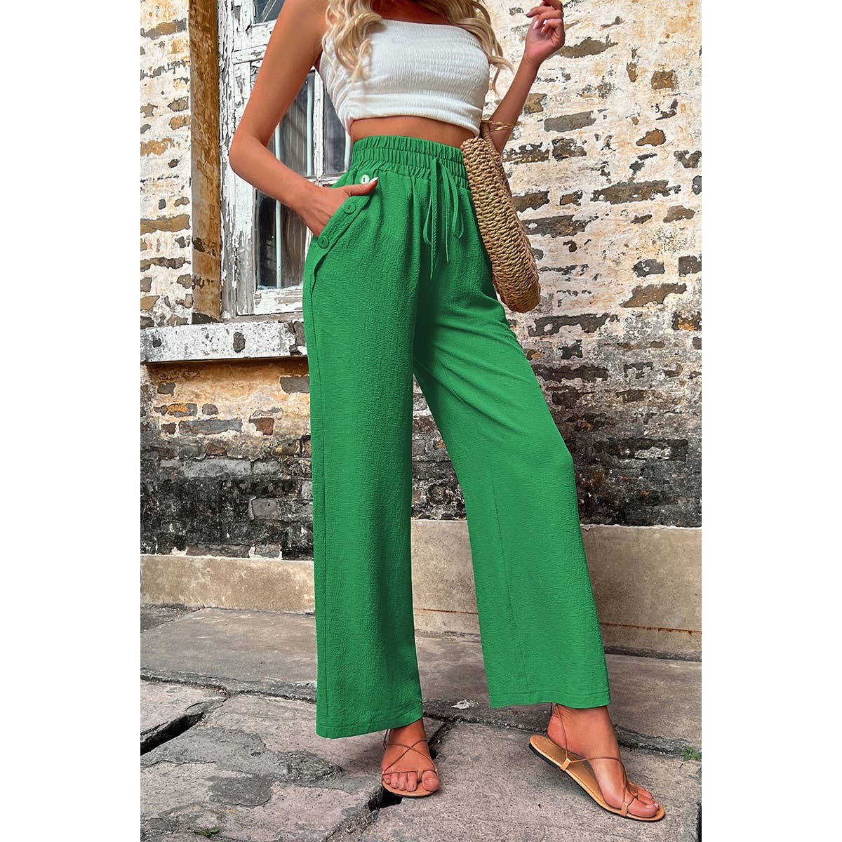 Elastic Waist Solid Pockets Button Trim Pants: GREEN / M