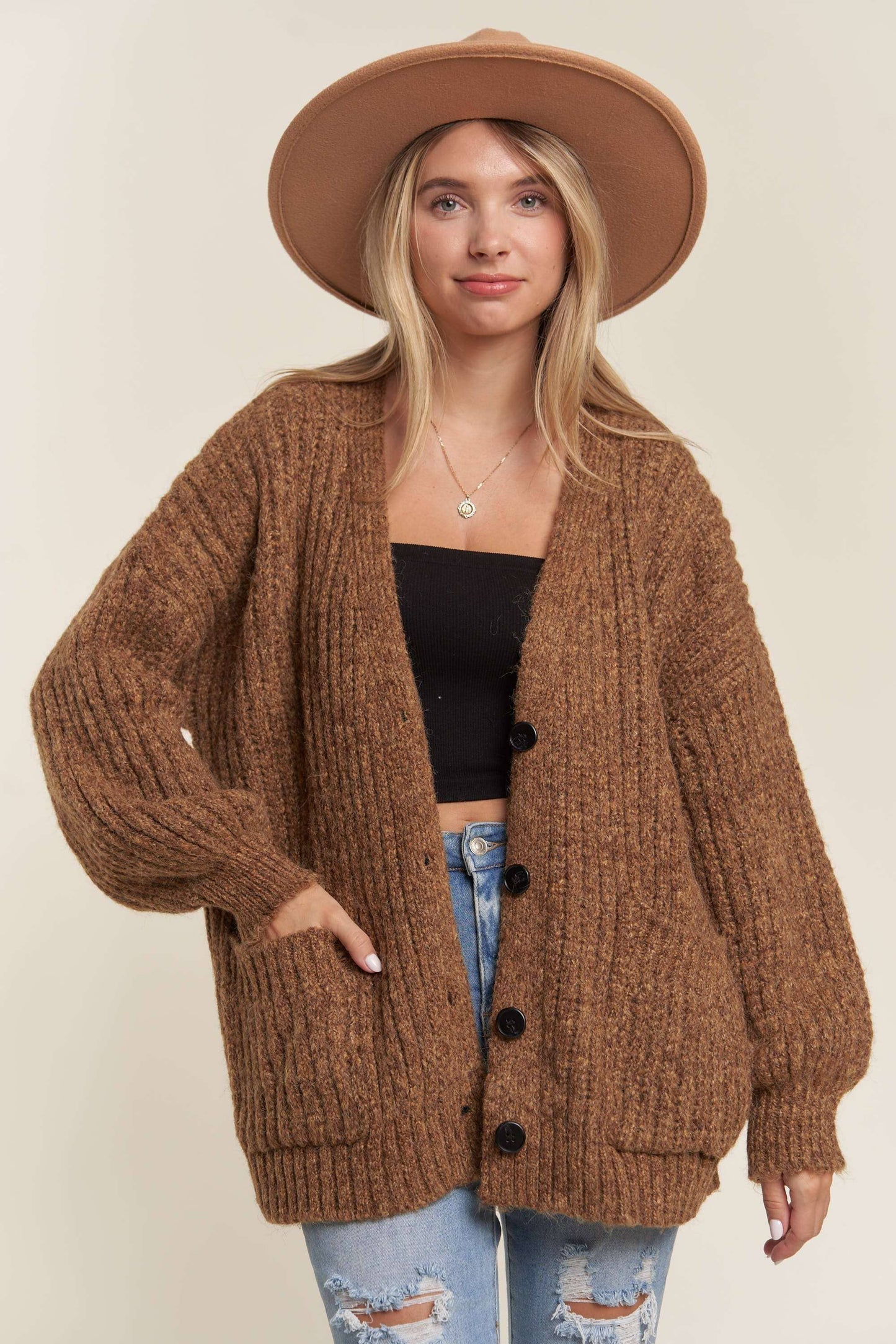 LESW3441A -  BUTTON DOWN COZY SWEATER CARDIGAN: HOT PINK / M/L