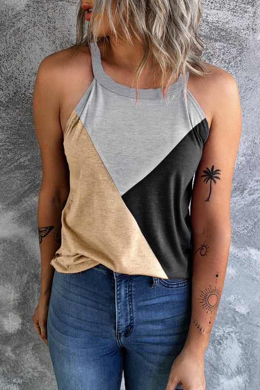 Geometric Color Block Sleeveless Top: Beige / XL