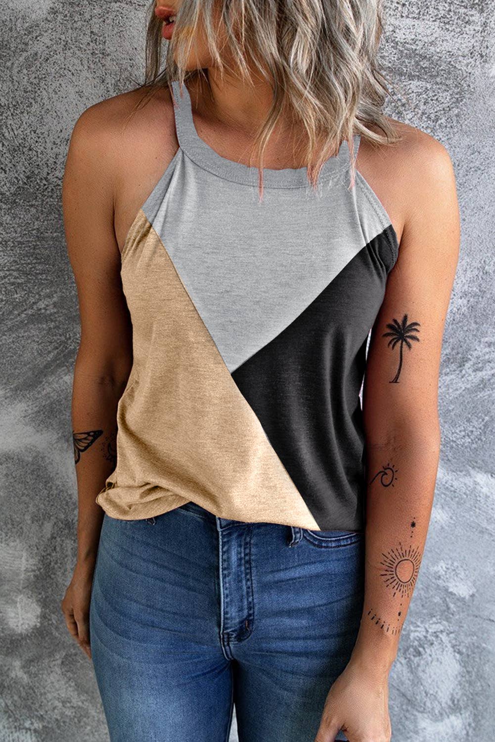 Geometric Color Block Sleeveless Top: Beige / L