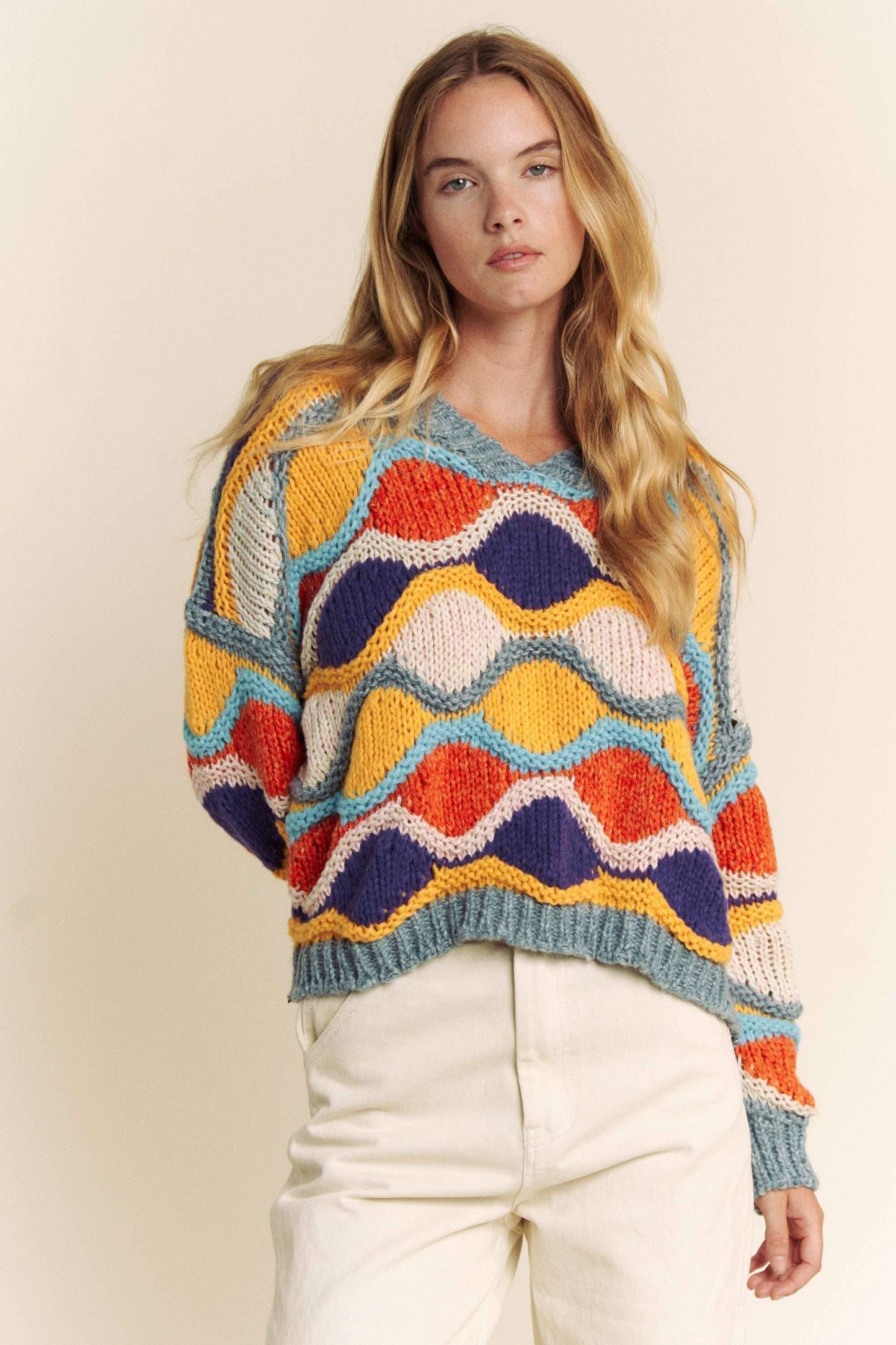 V NECK LONG SLEEVE MULTI COLOR SWEATER TOP: MULTI / L