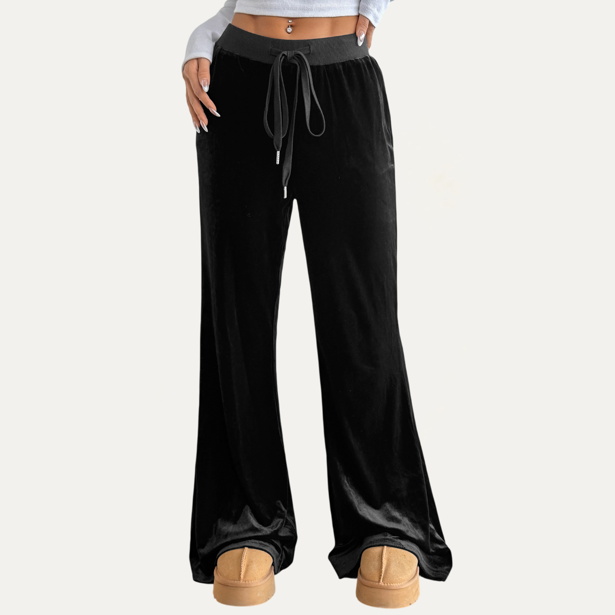 Comfortable Black Velvet High-Waisted Wide-Leg Pants : Black / L