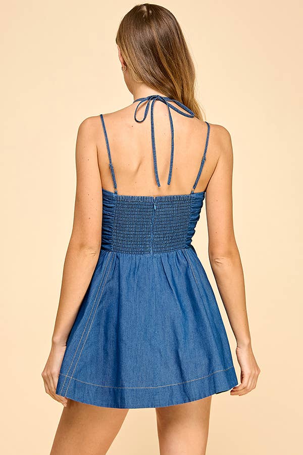 Ruched bodice fit and flare denim mini dress: DENIM / S