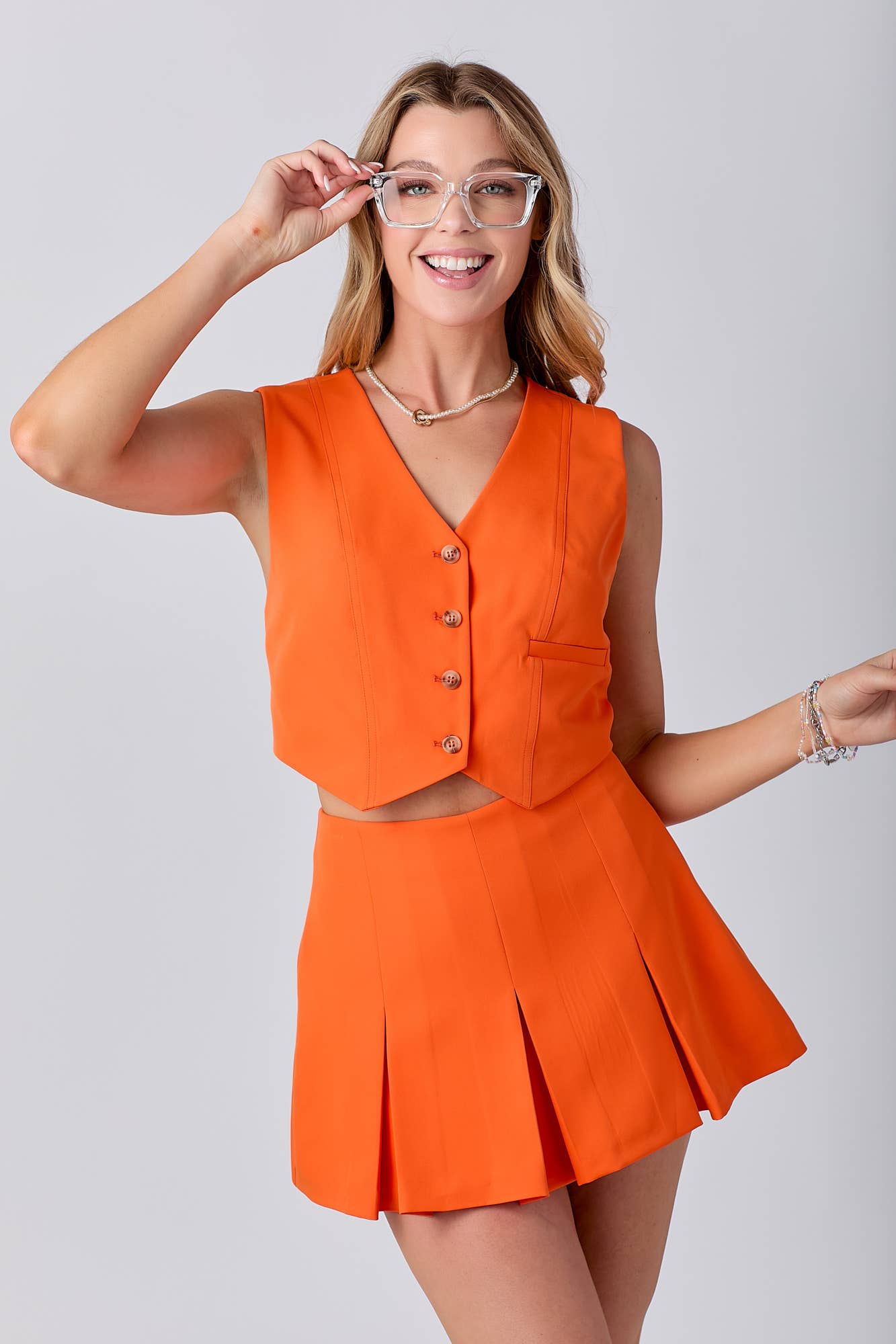 Gameday Front Button Closure Vest pleats Skort Set : RED / S