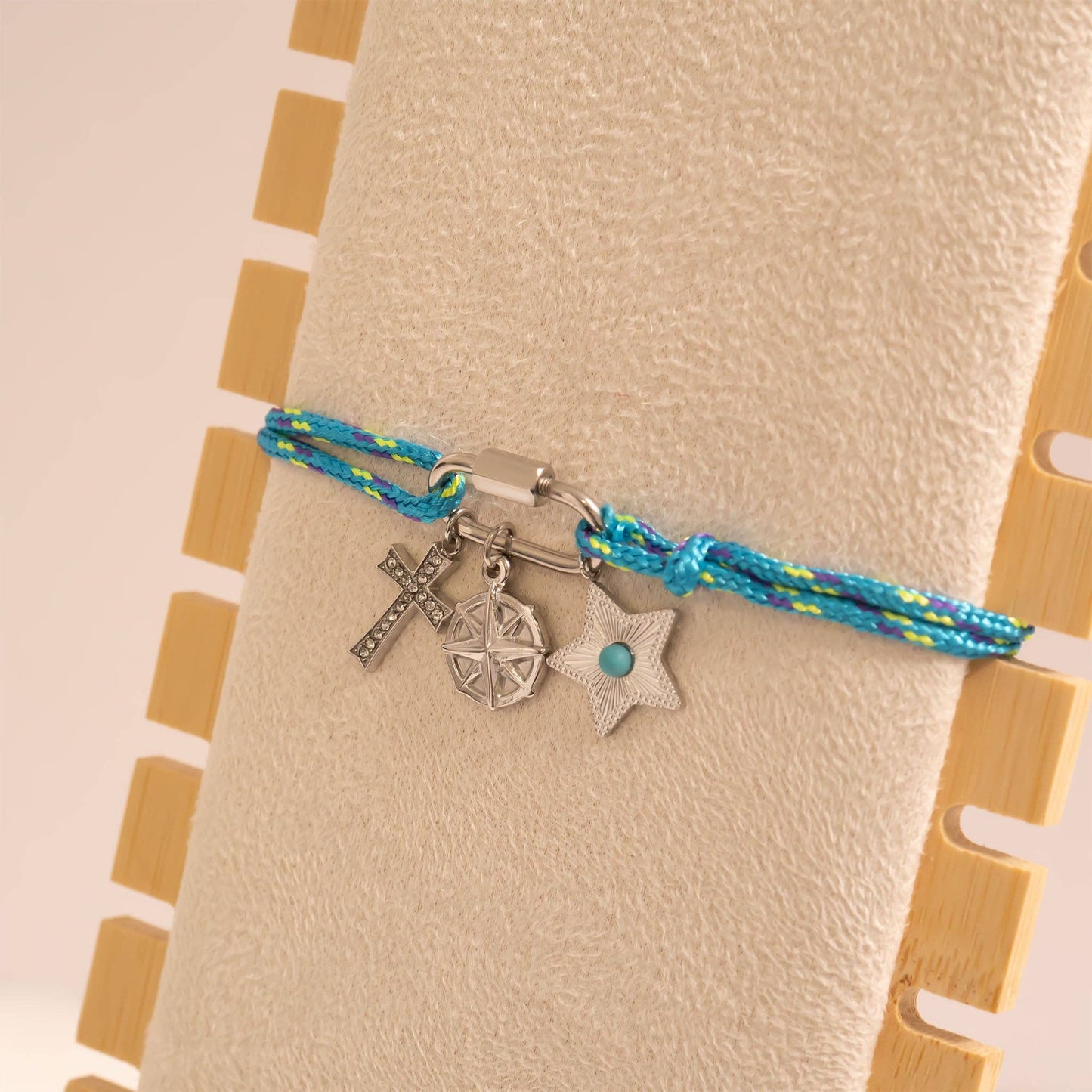 18K Gold PVD Stainless Steel Teal Rope Carabiner Bracelet: Gold