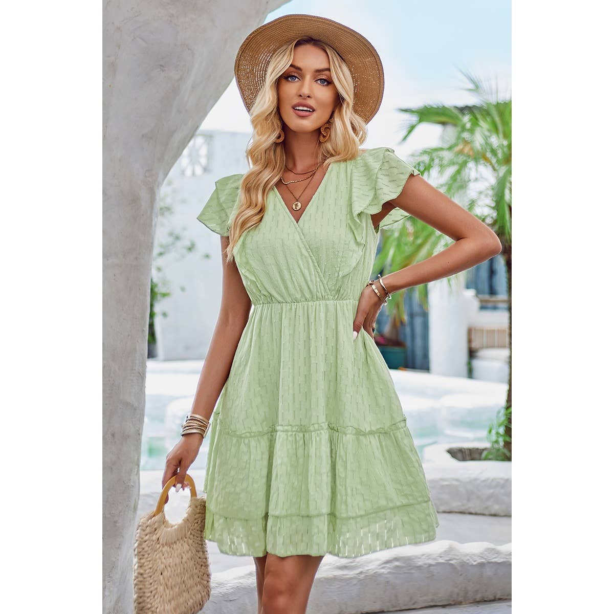 Cut Out Sleeveless Ruffle Trim V Neck Fit Dress: WHITE / XL