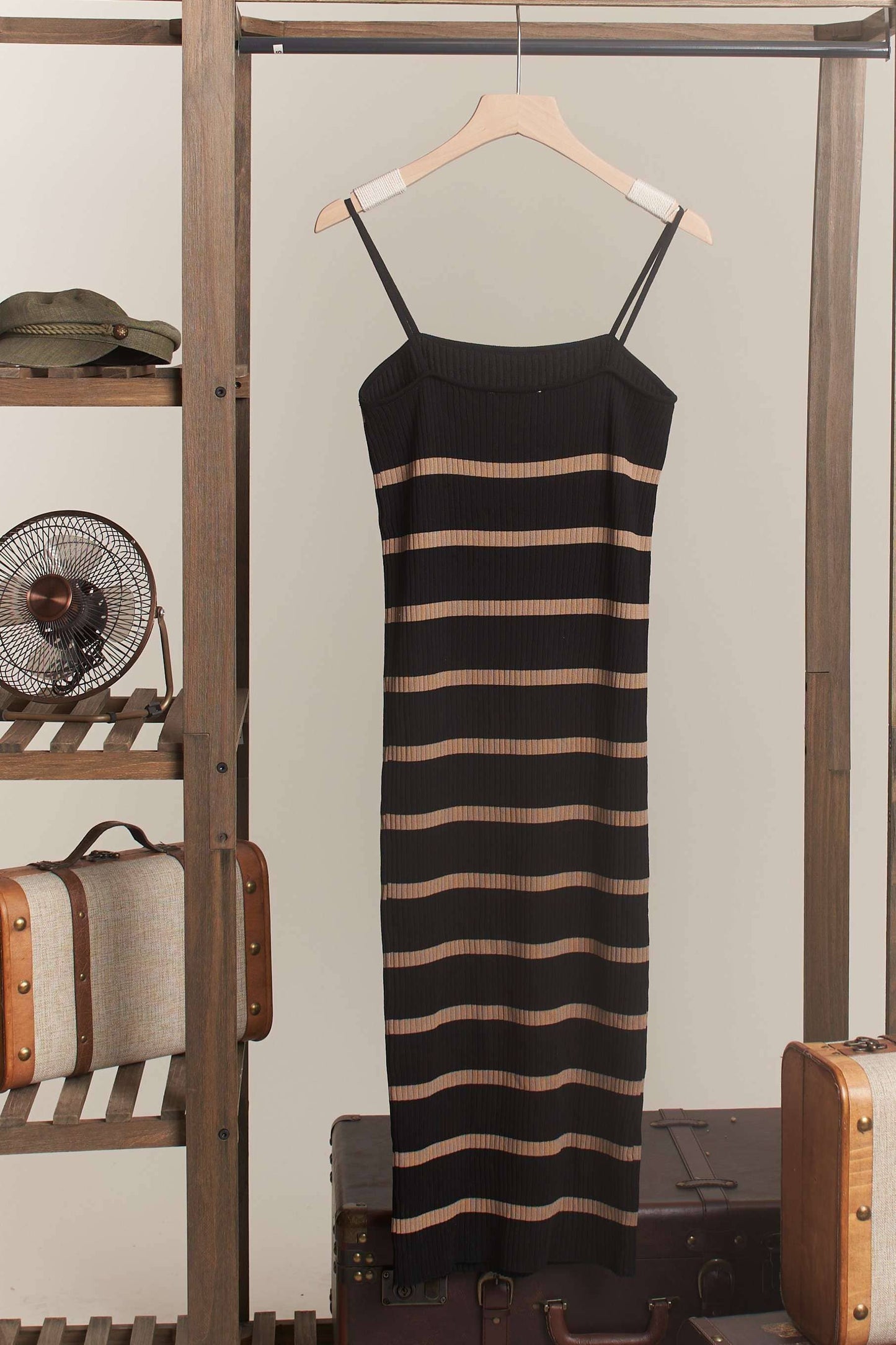 Spaghetti Strap Stripe Bodycon Knit Dress: Black / S