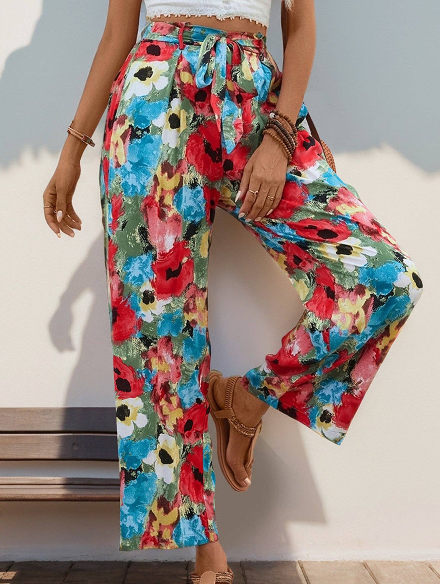 High-waisted casual vacation wide-leg pants: Green / (S) 1