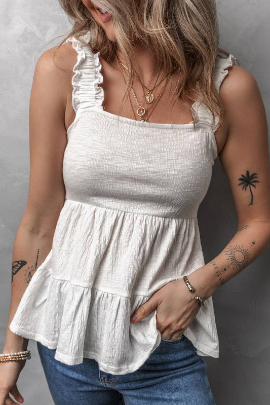 LDC Crinkled Ruffled Straps Peplum Babydoll Tank Top: White / M