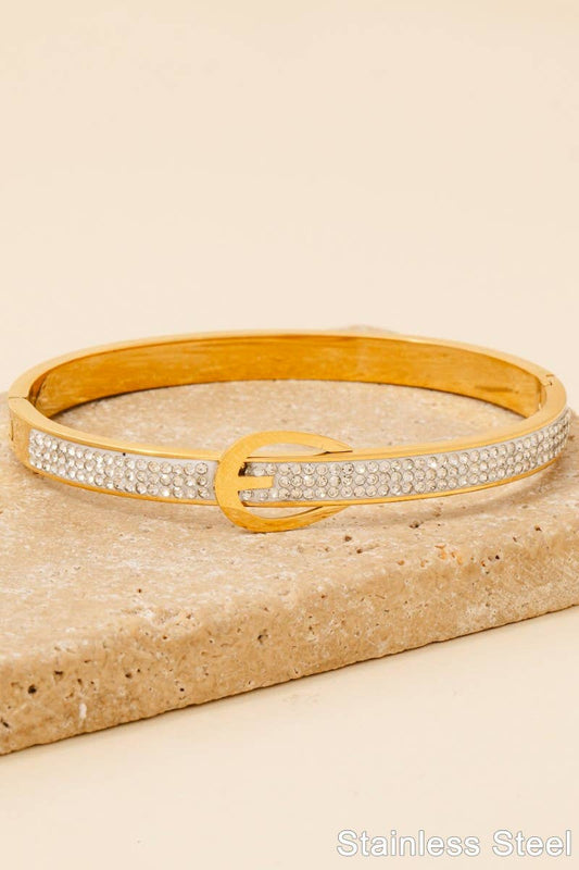Stainless Steel Pave Belt Style Hinge Bangle Bracelet: G