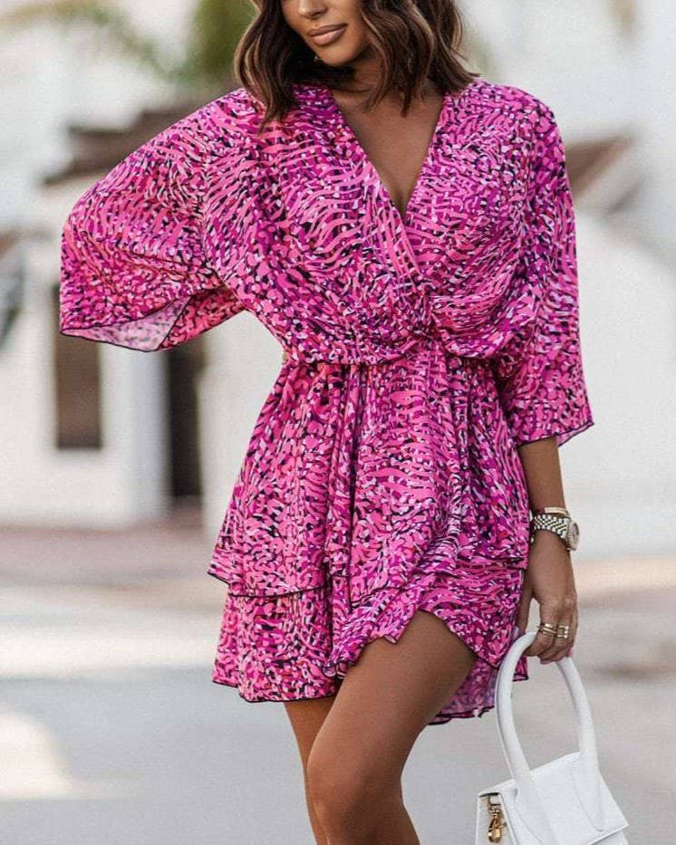 V-Neck Print Waist Cinched Dolman Sleeve Dress: Orange / 2XL