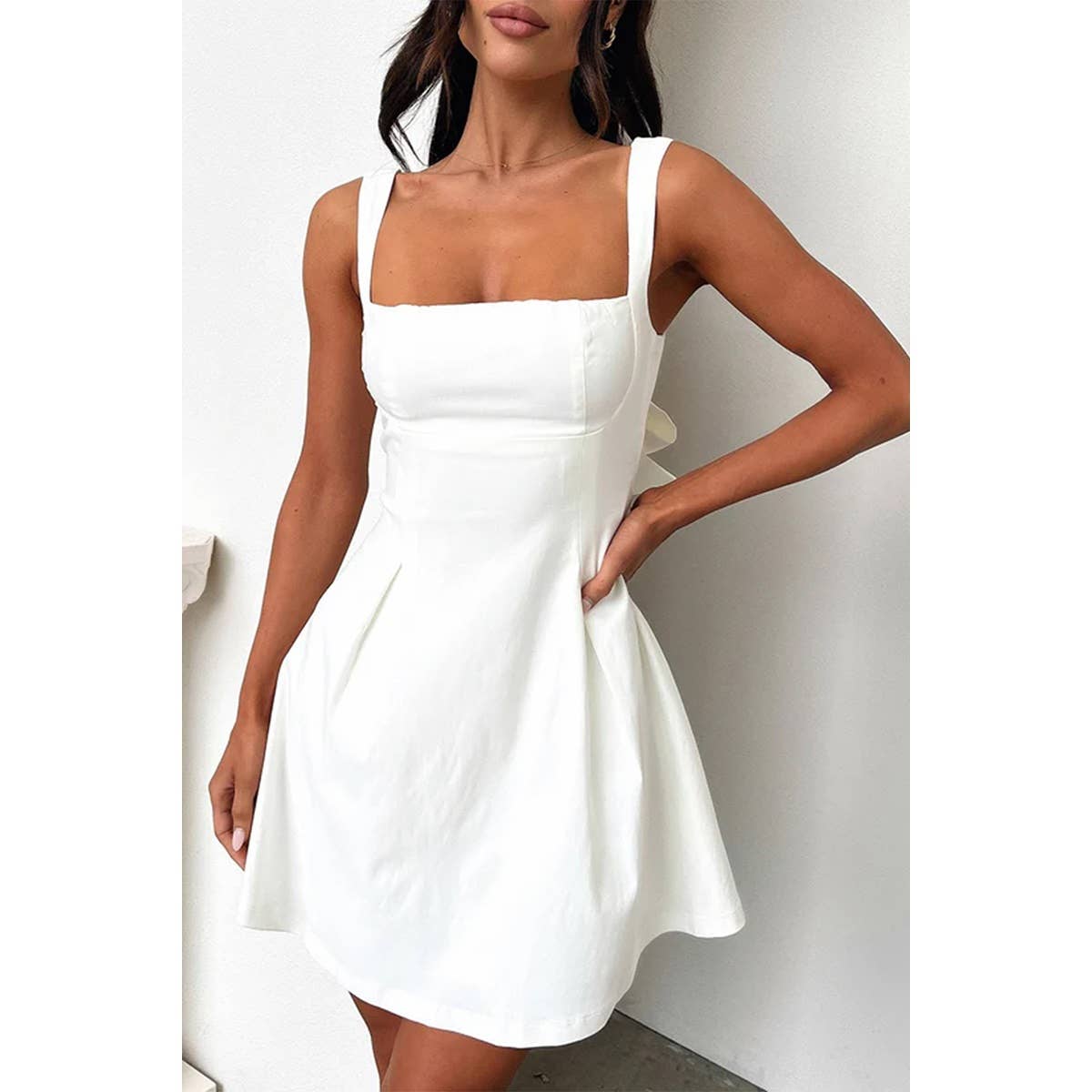 Solid Square Neck Fit Sleeveless Short Dress: WHITE / S