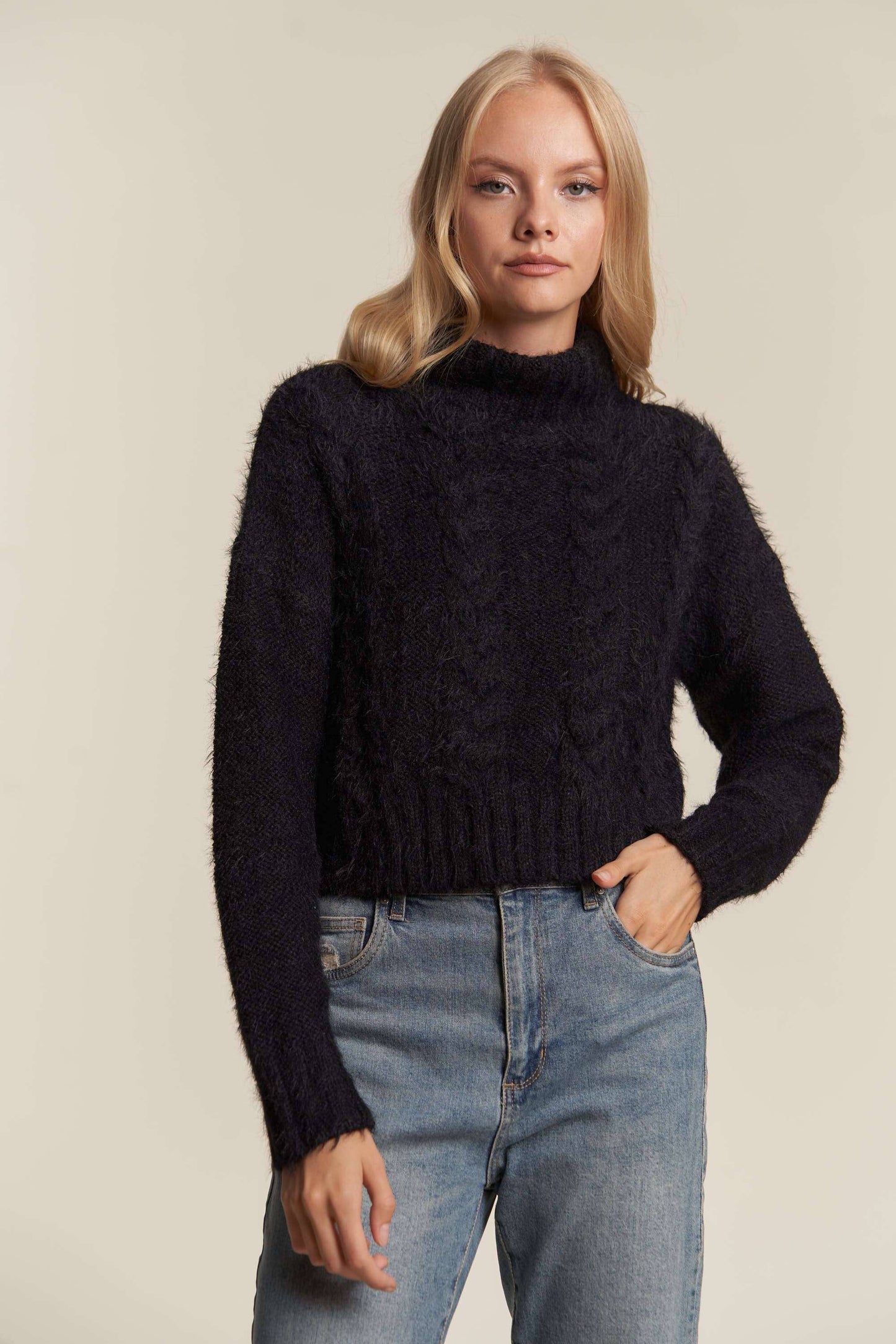 FUZZY FUR  LONGSLV TURTLE NECK CABLE KNIT SWEATER: BLACK / L