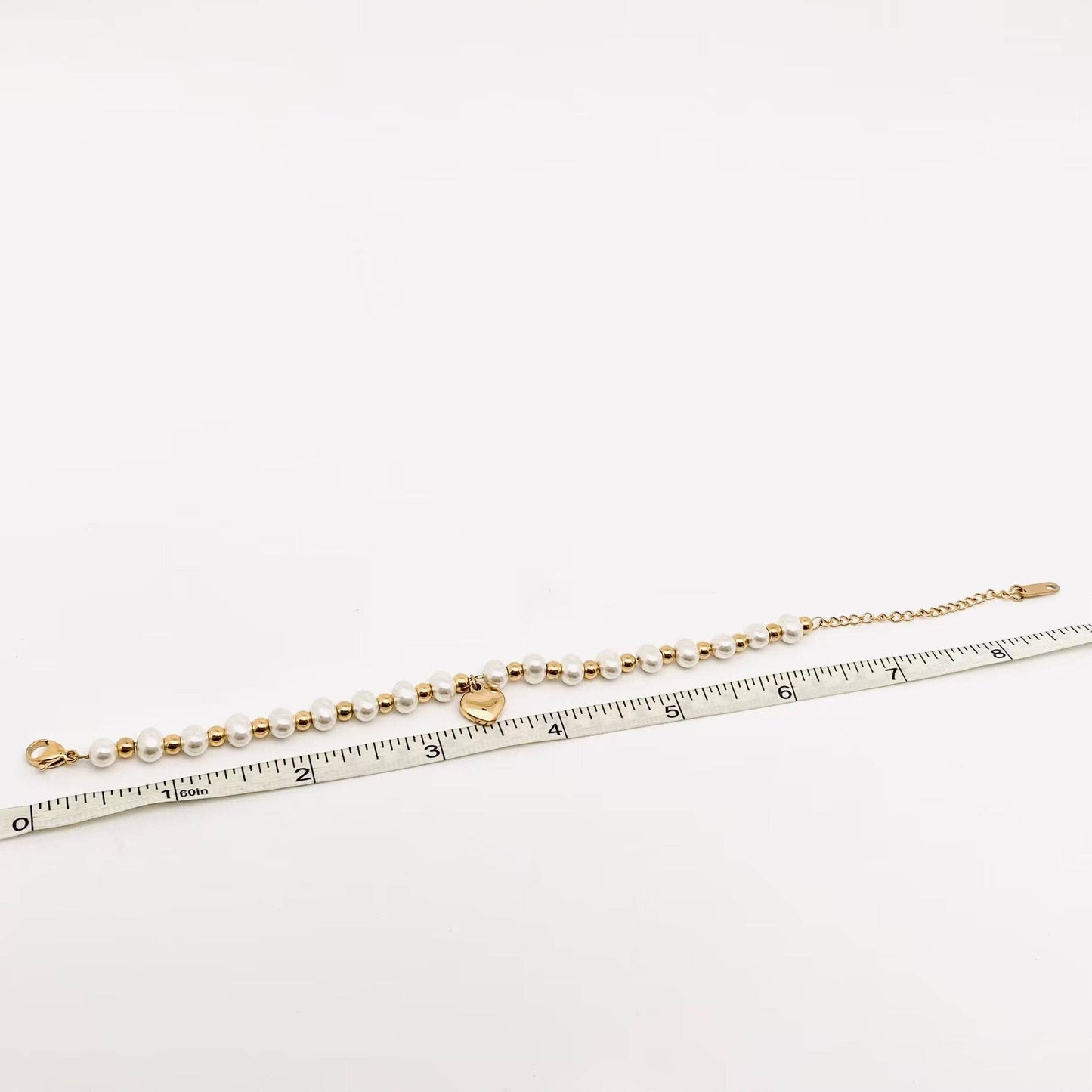 Stainless Steel Heart Pendant Pearl Beaded Bracelet - FGS: Gold