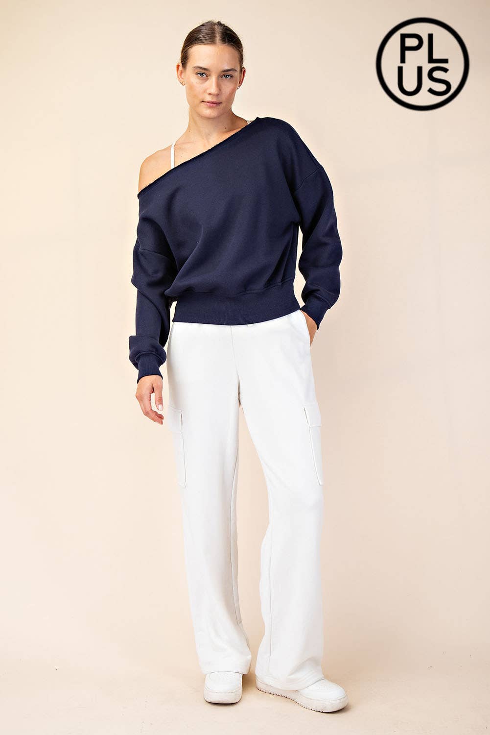 PLUS SIZE FRENCH TERRY FLEECE OFF SHOULDER SWEATSHIRT: Eucalyptus / 1X-2X-3X(3-2-1)