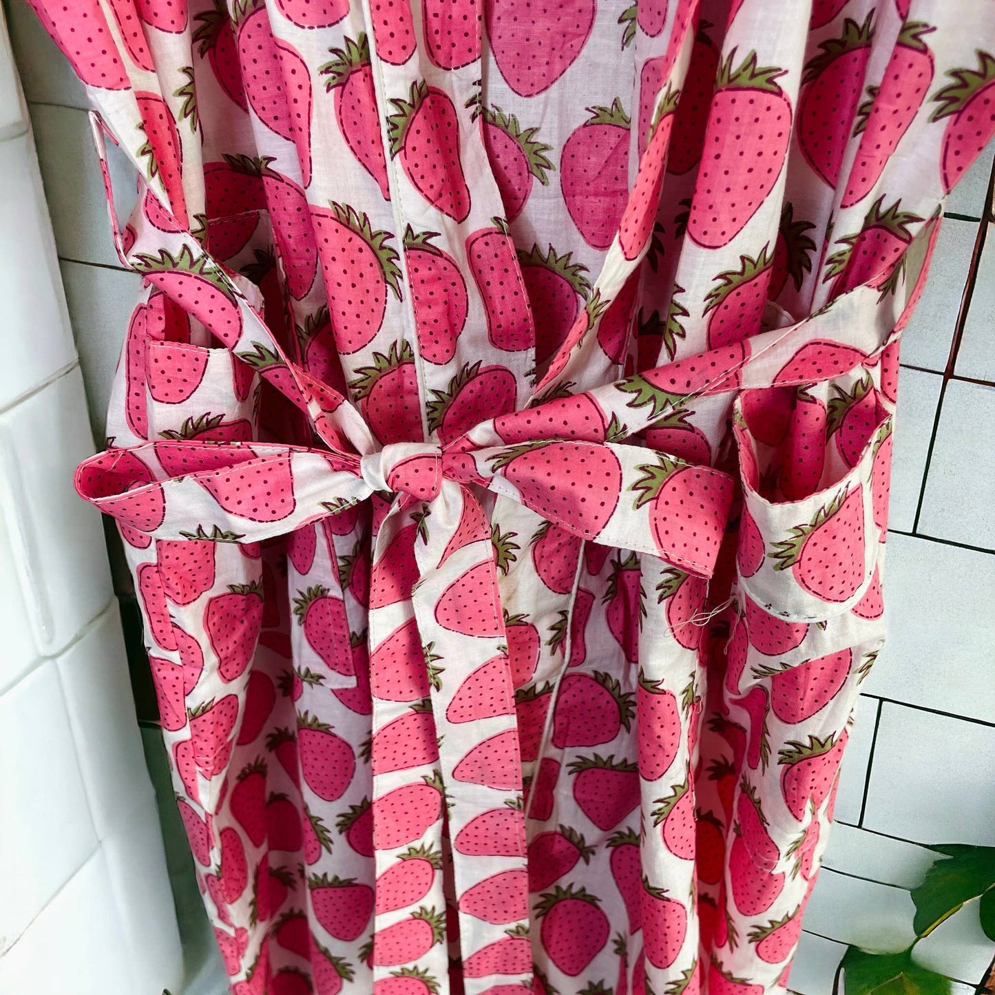 Women's Cotton Kimono Robe | Block Printed | Strawberry