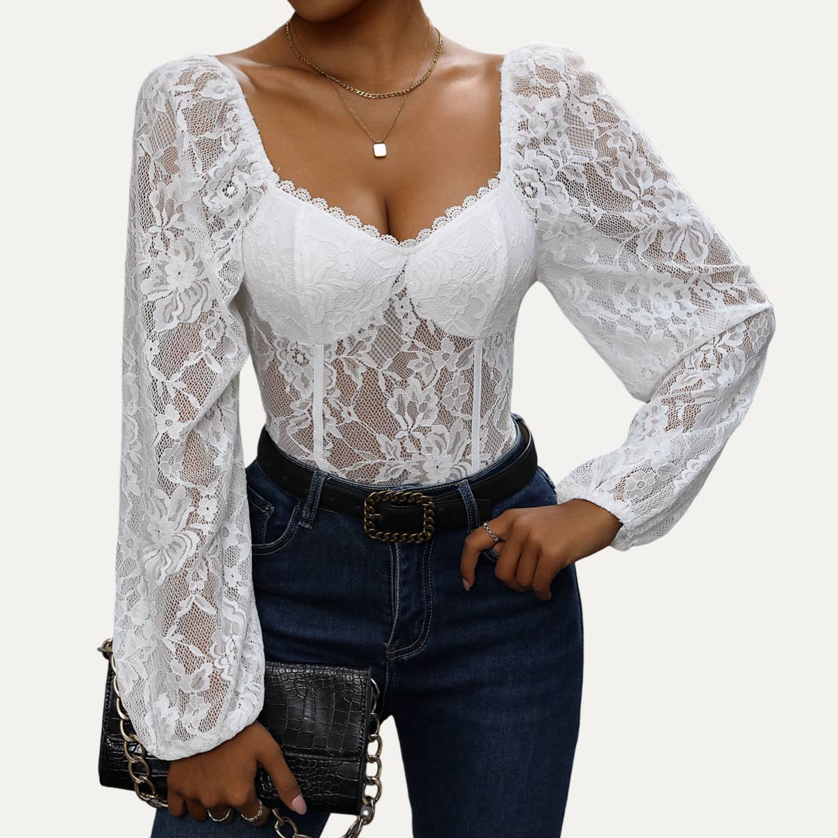 Flirty and Elegant Sheer Lace Long Sleeve Bodysuit: Black