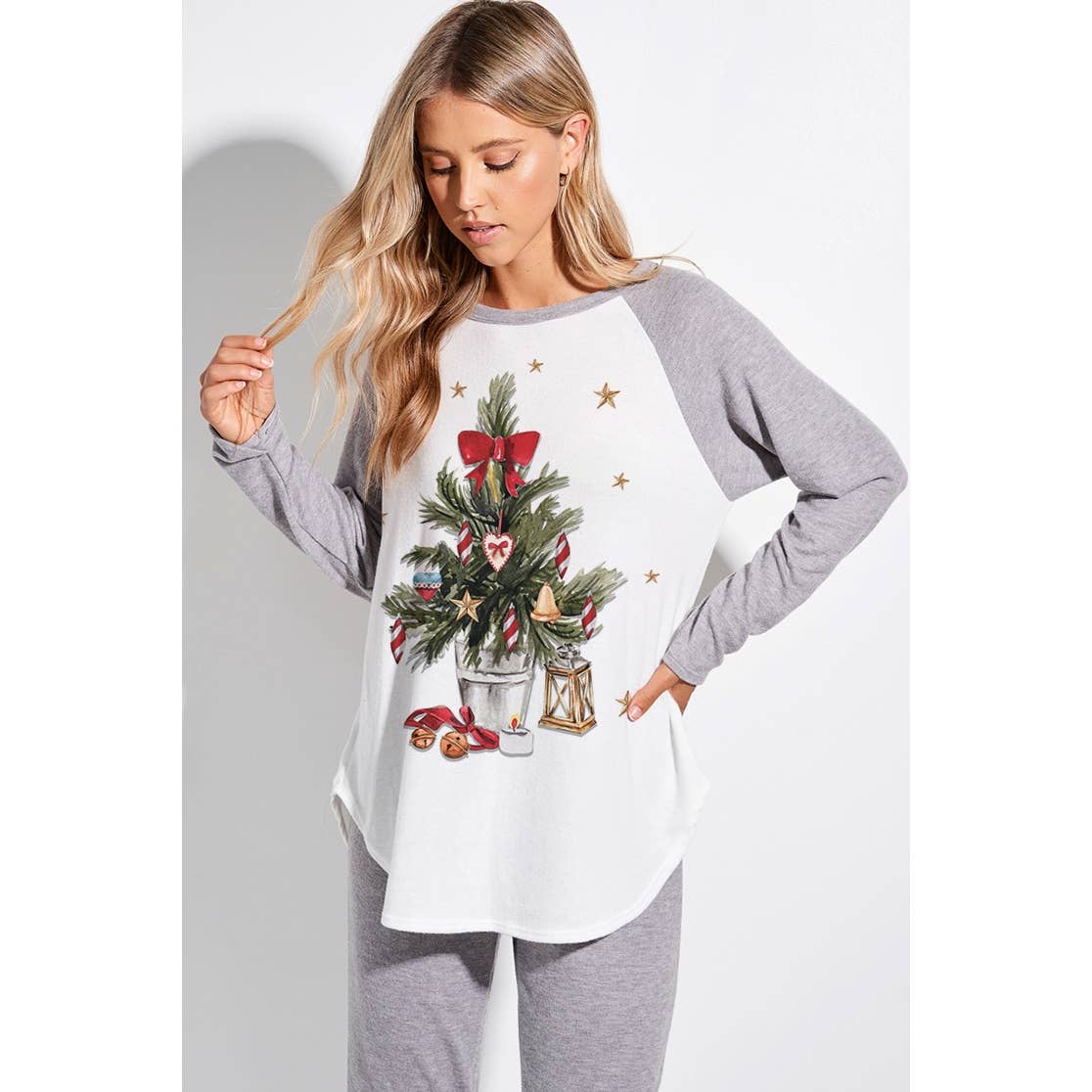 Christmas tree print raglan lounge wear set : RUST / S