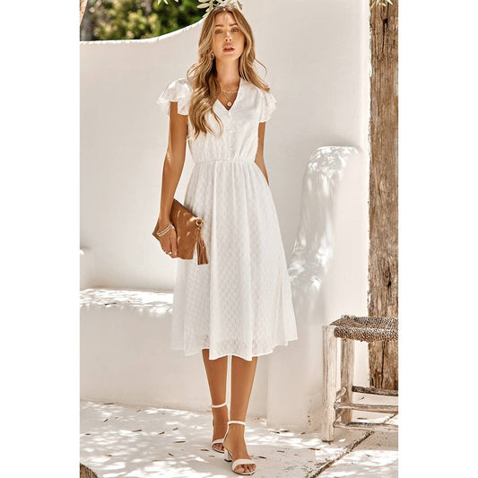 Solid Flutter Sleeve V-neck Buttoned Dress: WHITE / M