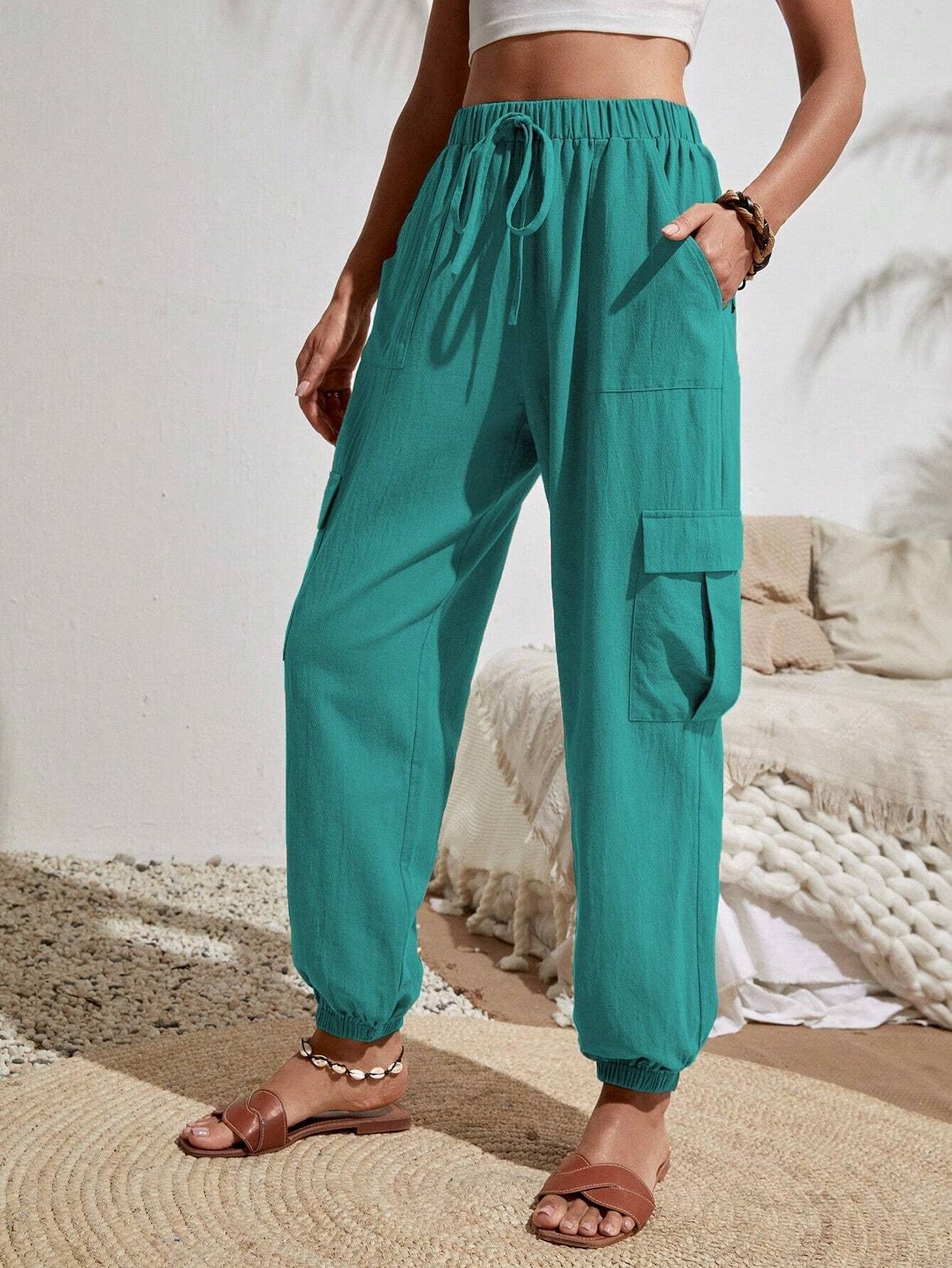 Wash Water Crepe Pocket Casual Cargo Pants: Green / L