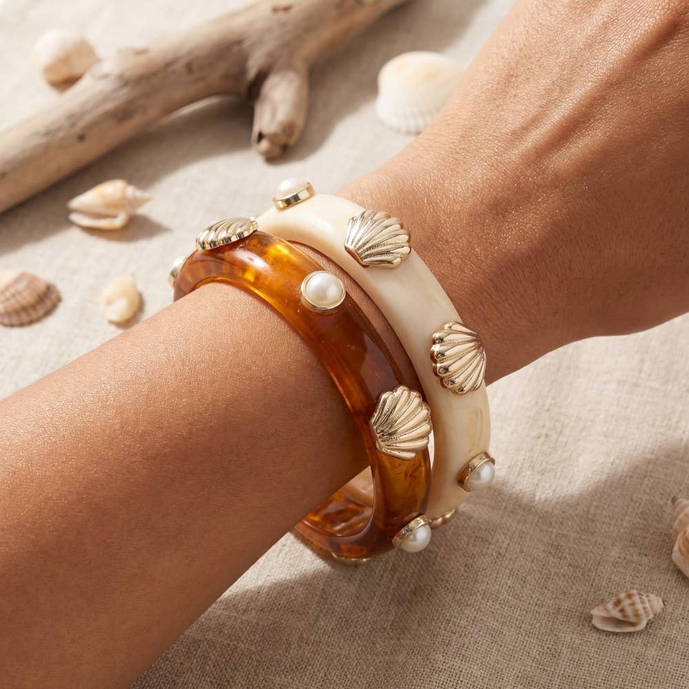 Pearl And Shell Stud Marble Resin Bangle Bracelet Set: MULTI