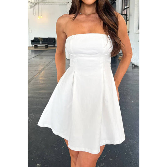 Off Shoulder Open Back Knot Pleated Mini Dress: WHITE / S