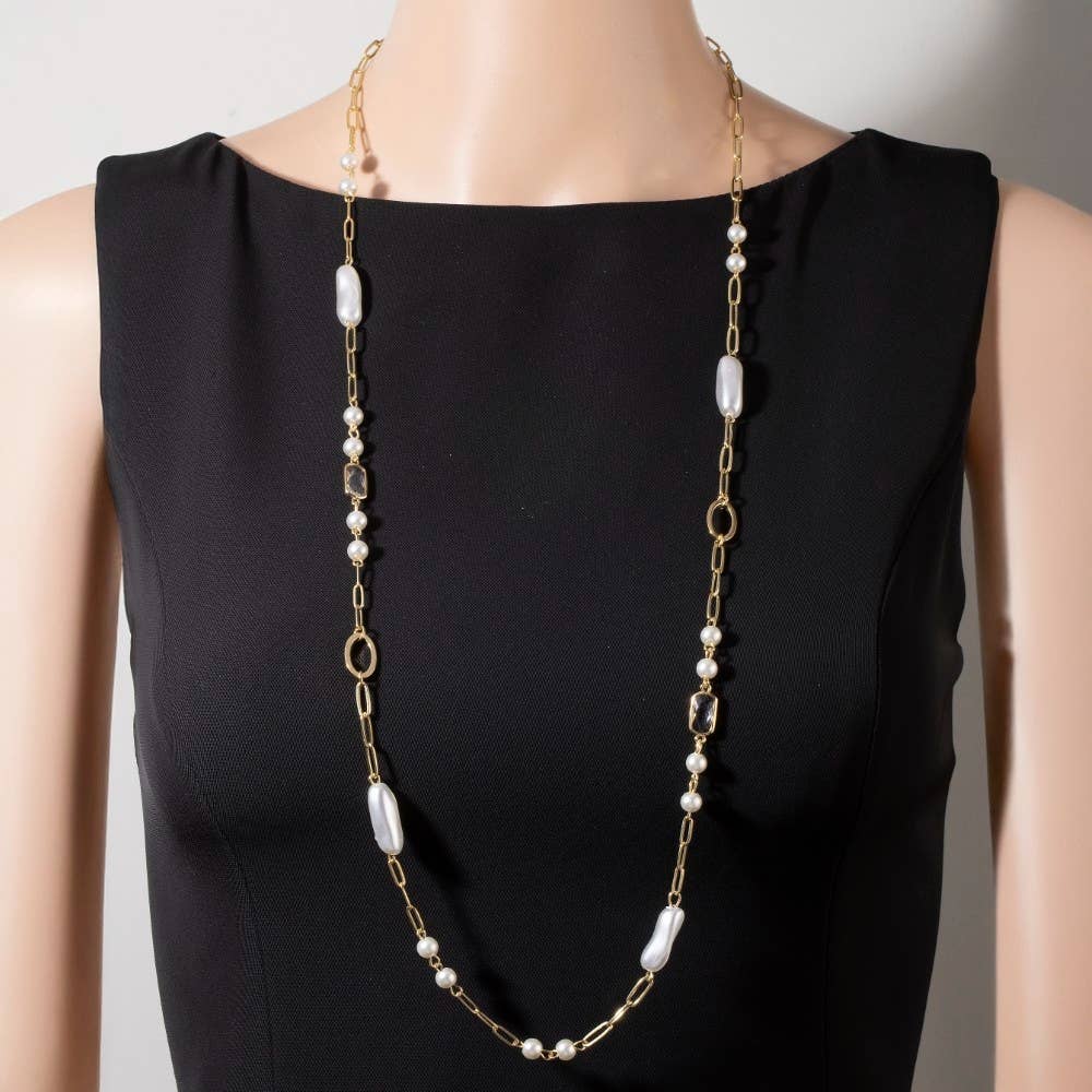 Long Pearl Station Chain Necklace Set: GD