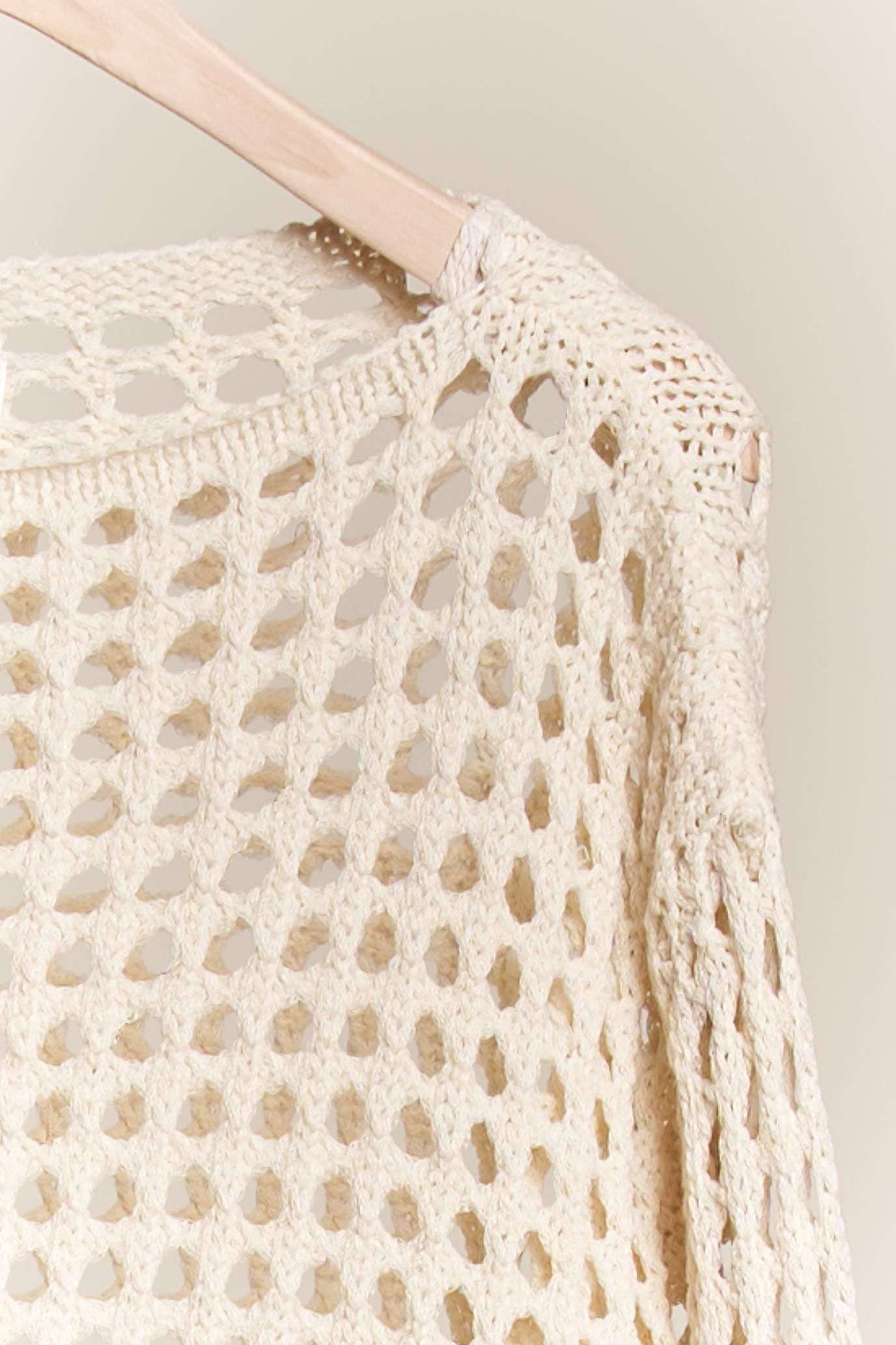 Boat Neck Fishnet Sweater with Fringe detail: Cream / S