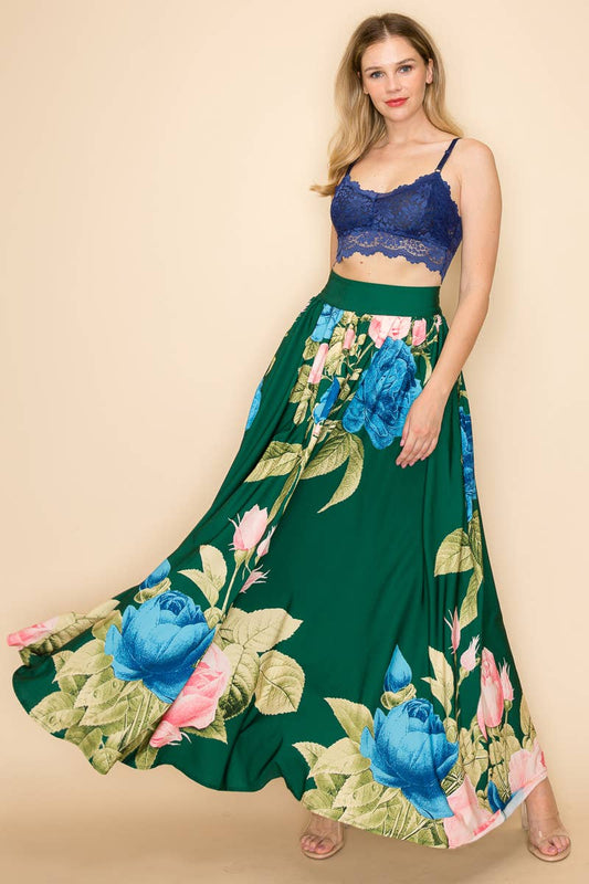 PRINTED MAXI SKIRT WITH POCKETS  : Green