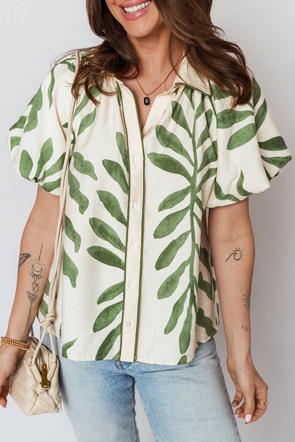 Green Leaf Print Short Balloon Sleeve Shirt | S-XL: Green / M
