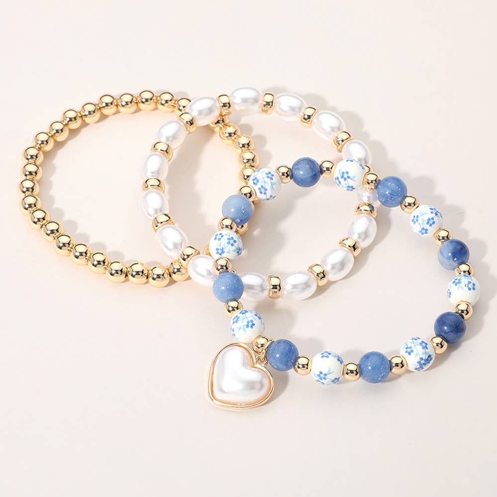 Pearl Heart Floral Ceramic Metal Ball Stretch Bracelets