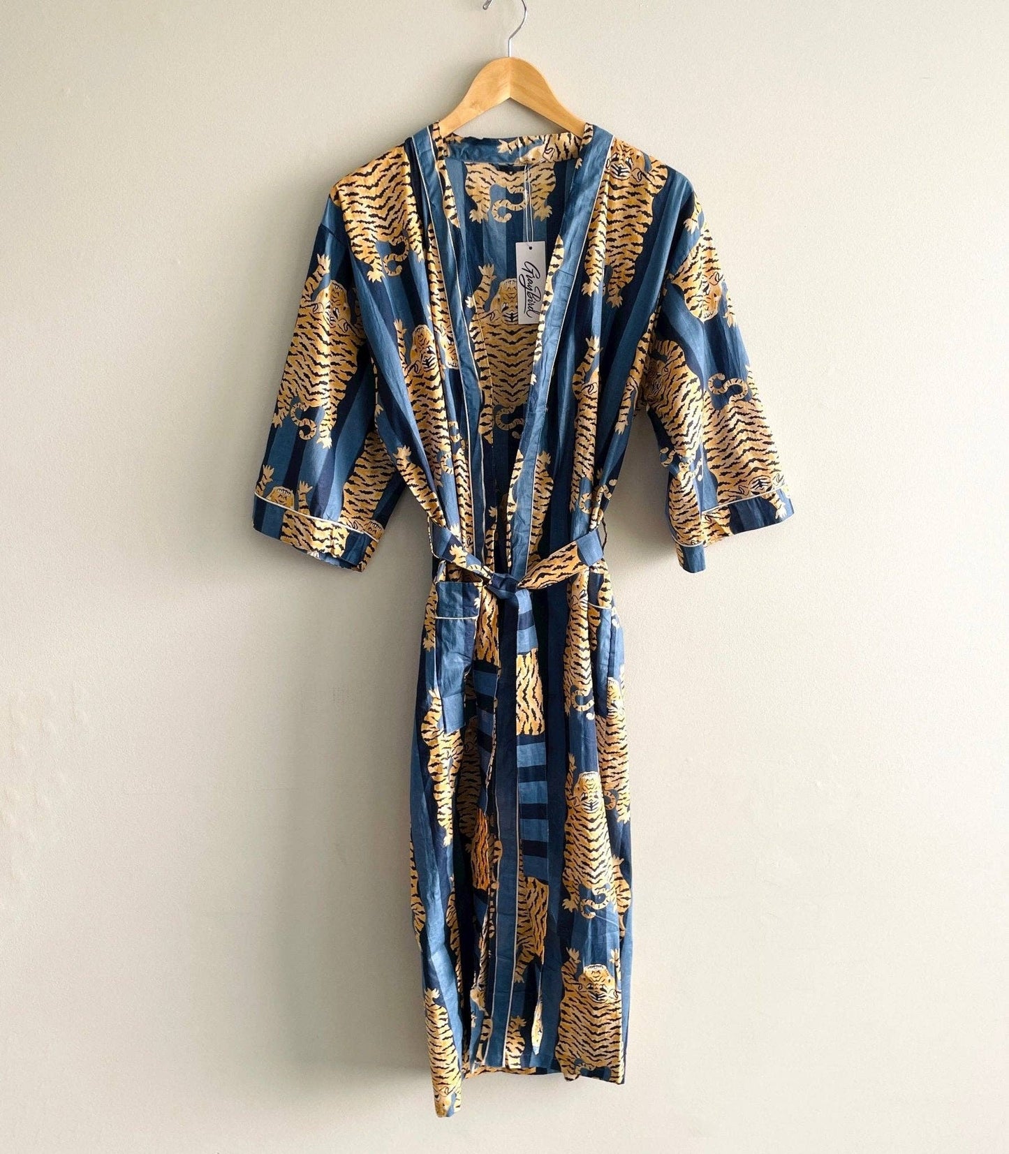 POPULAR 100% Cotton Block Printed Kimono Robe- Blue Tiger