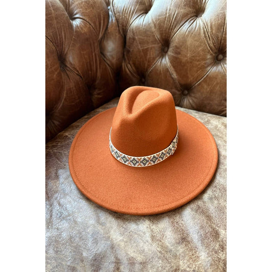 VEGAN FELT PANAMA HAT With JACQUARD TAPE: RUST / ONE SIZE