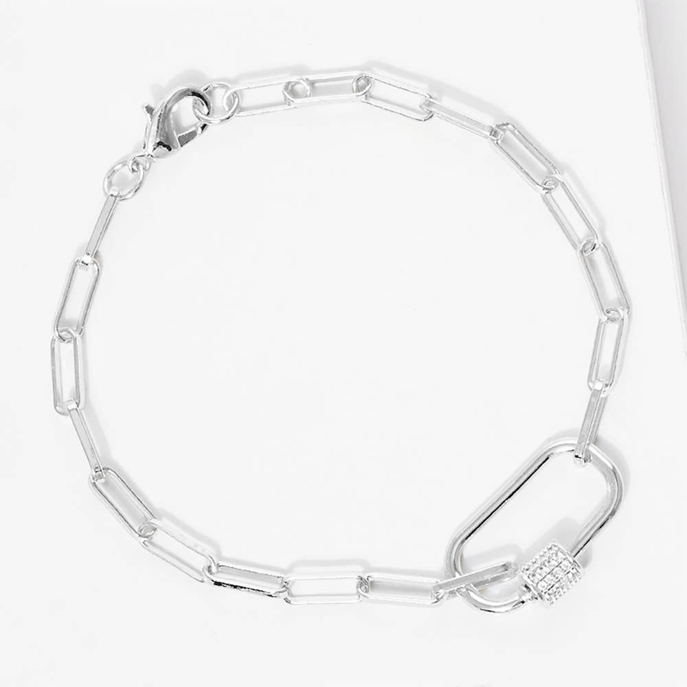 Gold Dipped CZ Carabiner Pointed Paperclip Chain Bracelet: Silver