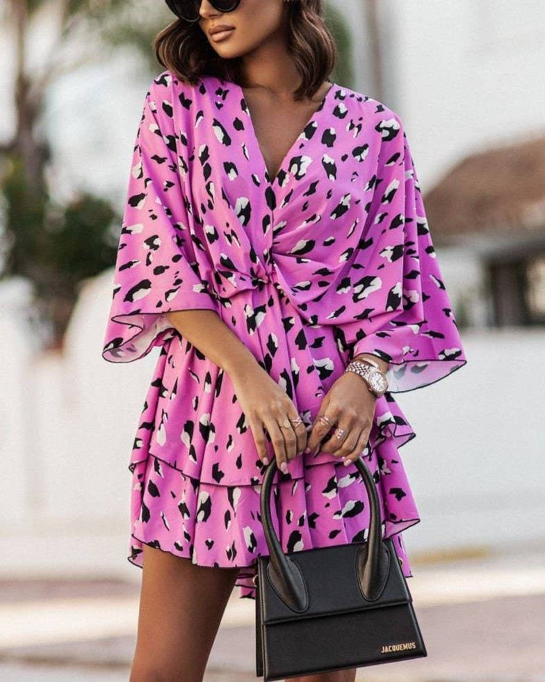 V-Neck Print Waist Cinched Dolman Sleeve Dress: Orange / M