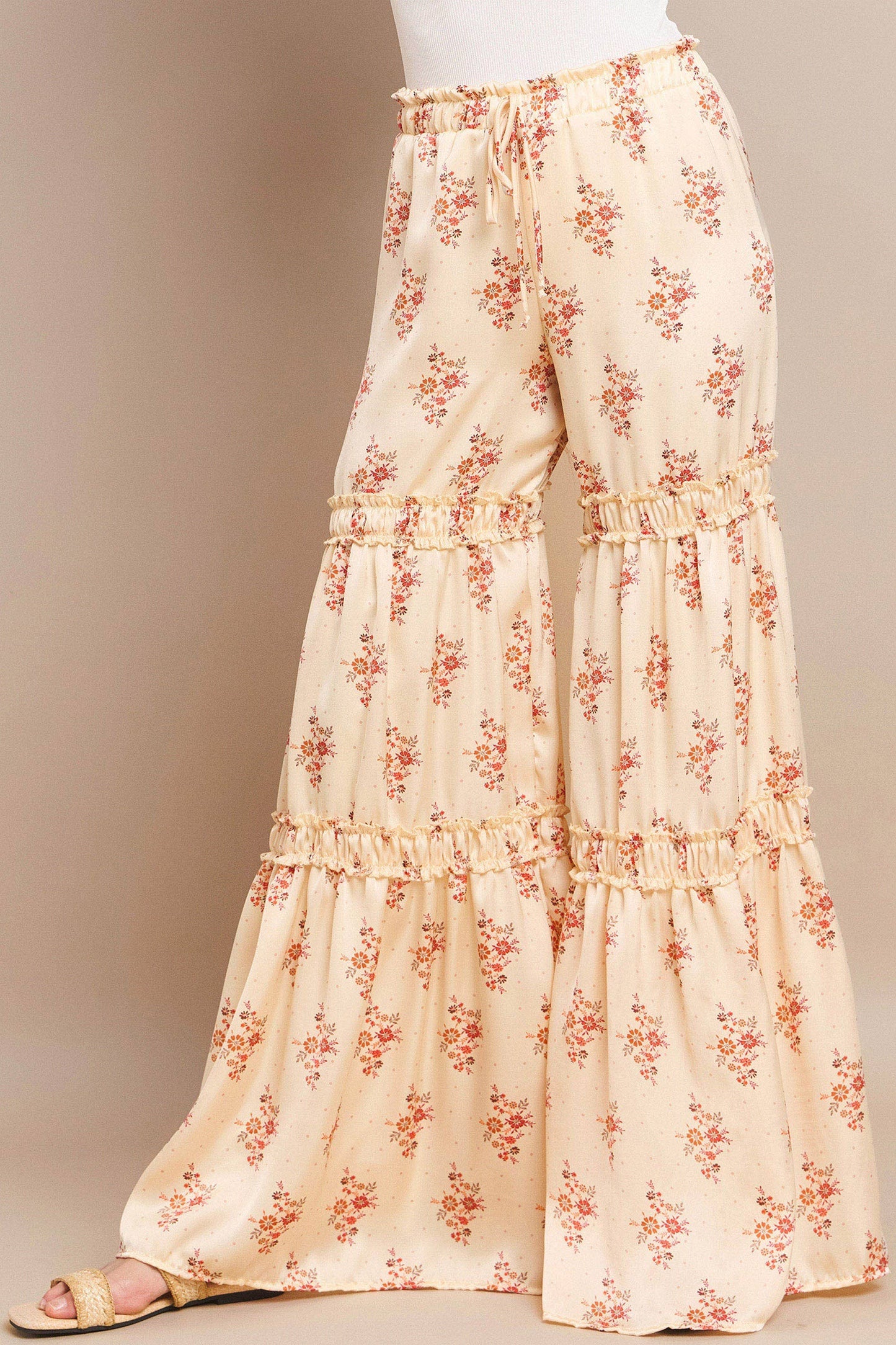 SATEEN FLORAL PRINT TIERED PALAZZO PANTS W2373PB BEIGE : Beige / L