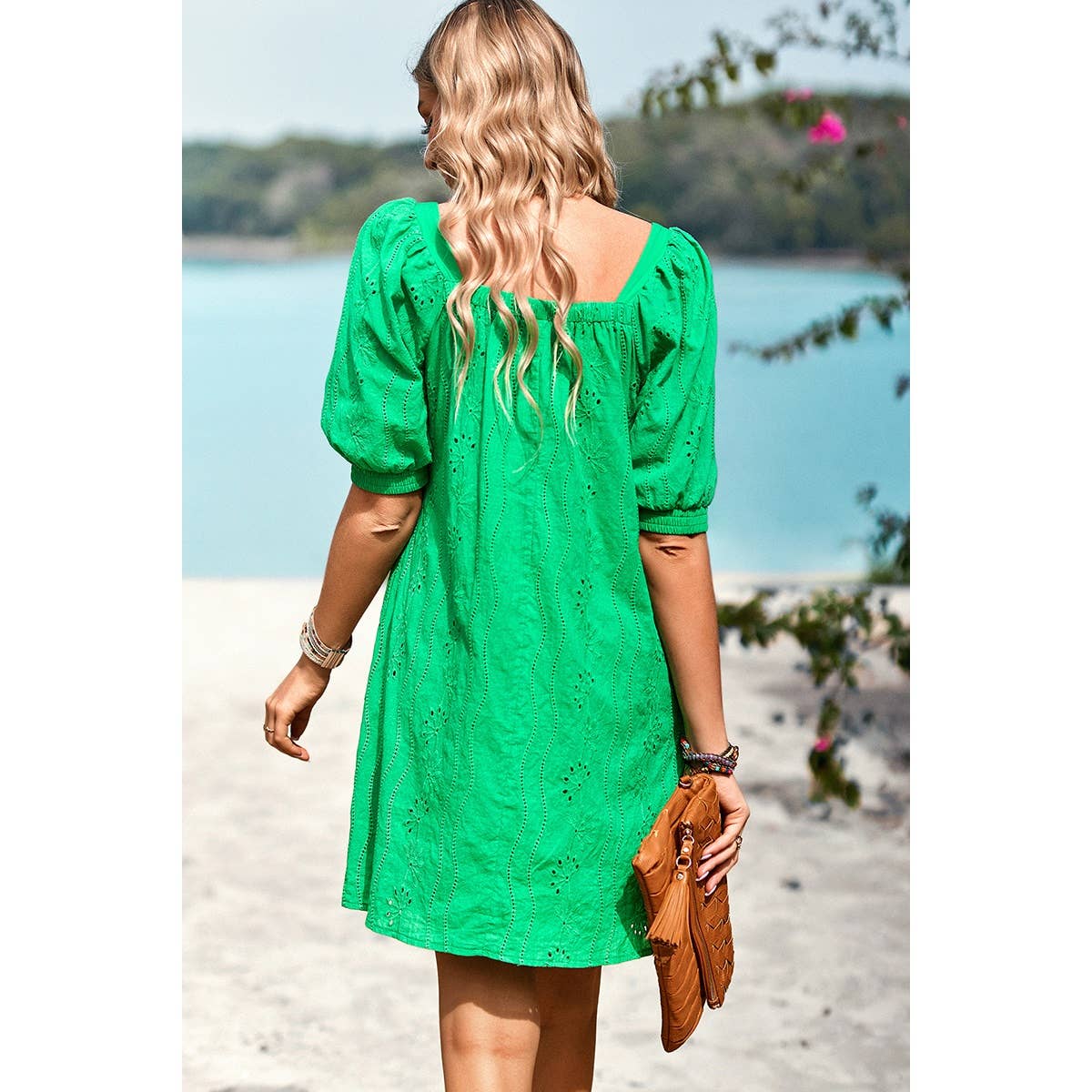 Square Neck Short Bubble Sleeve Babydoll Dress: WHITE / XL