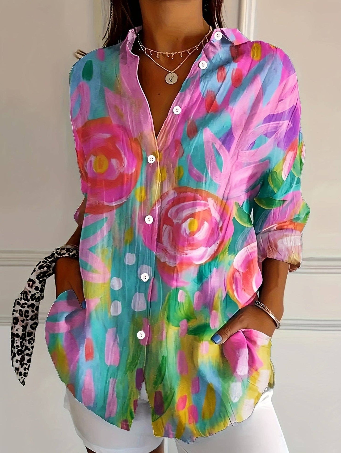 Lapel shirt with floral print cardigan: ROSE / (XL) 1