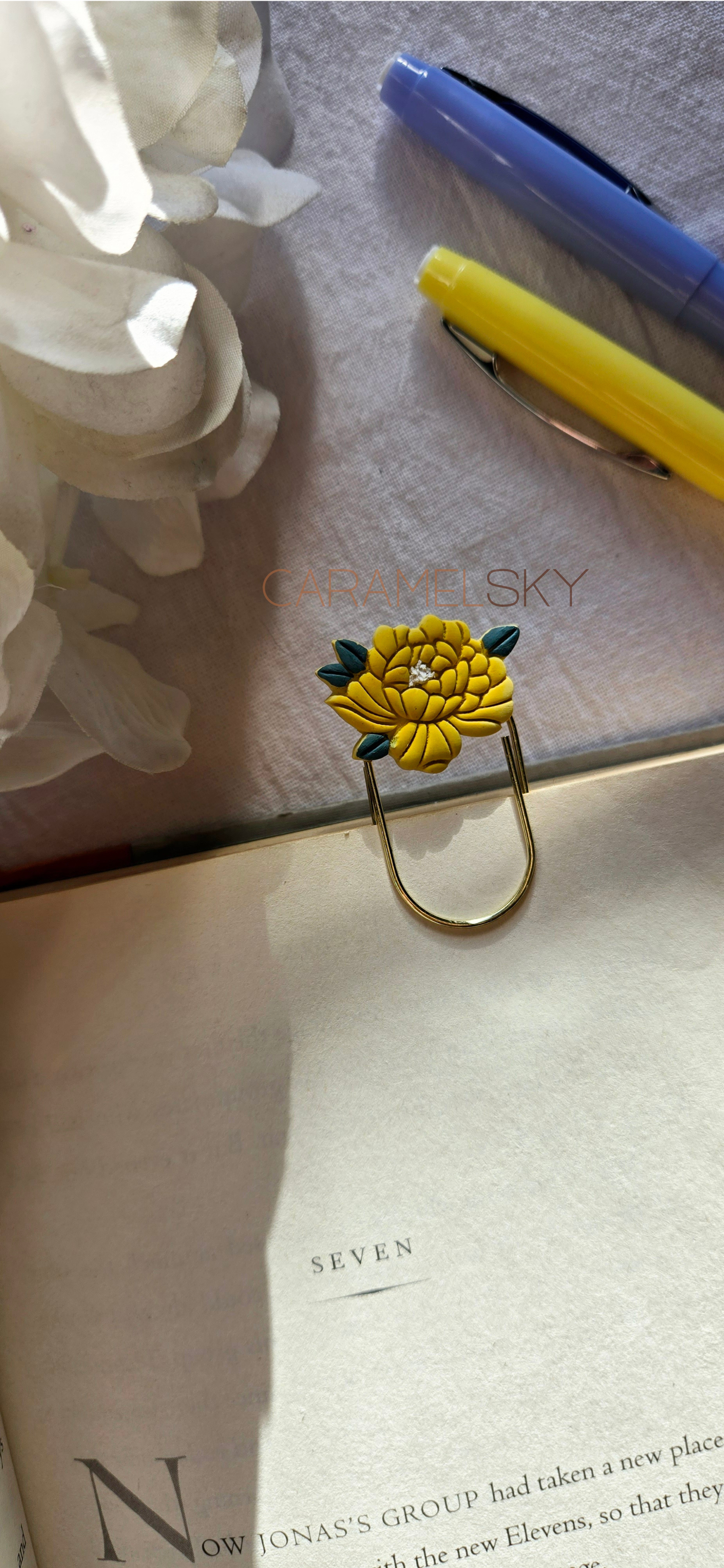 Handmade Peony Flower Paperclip Bookmark, Clay Bookmark: White