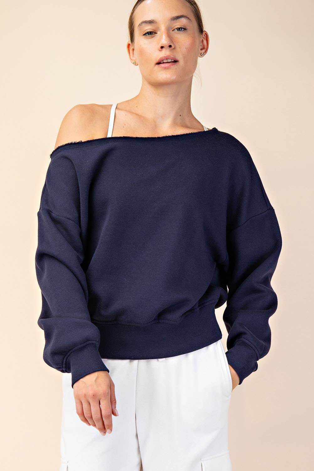 FRENCH TERRY FLEECE OFF SHOULDER SWEATSHIRT: Eucalyptus / S-M-L(2-2-2)