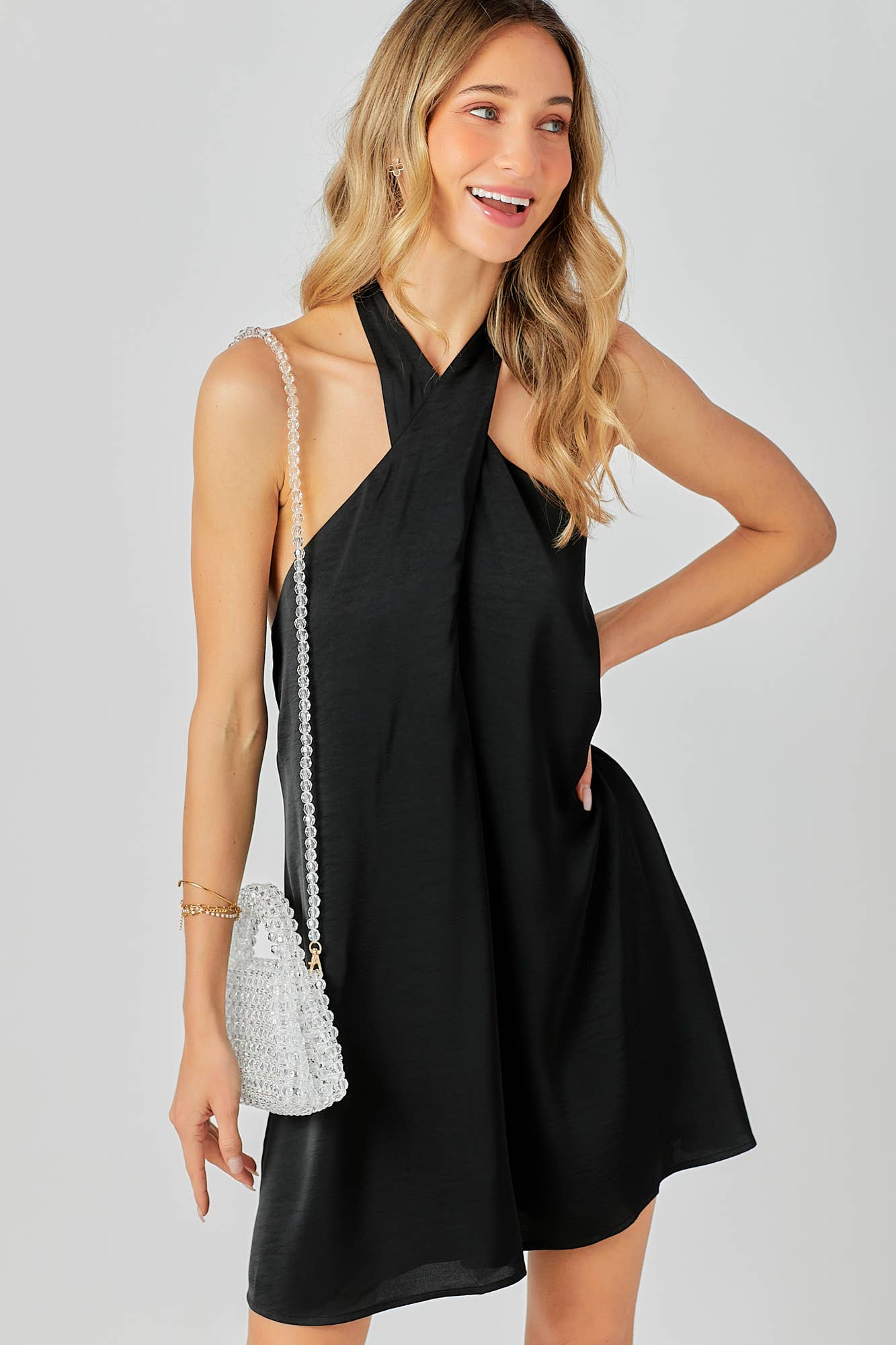 Halter Cross Neck Dress: FUCHSIA / S