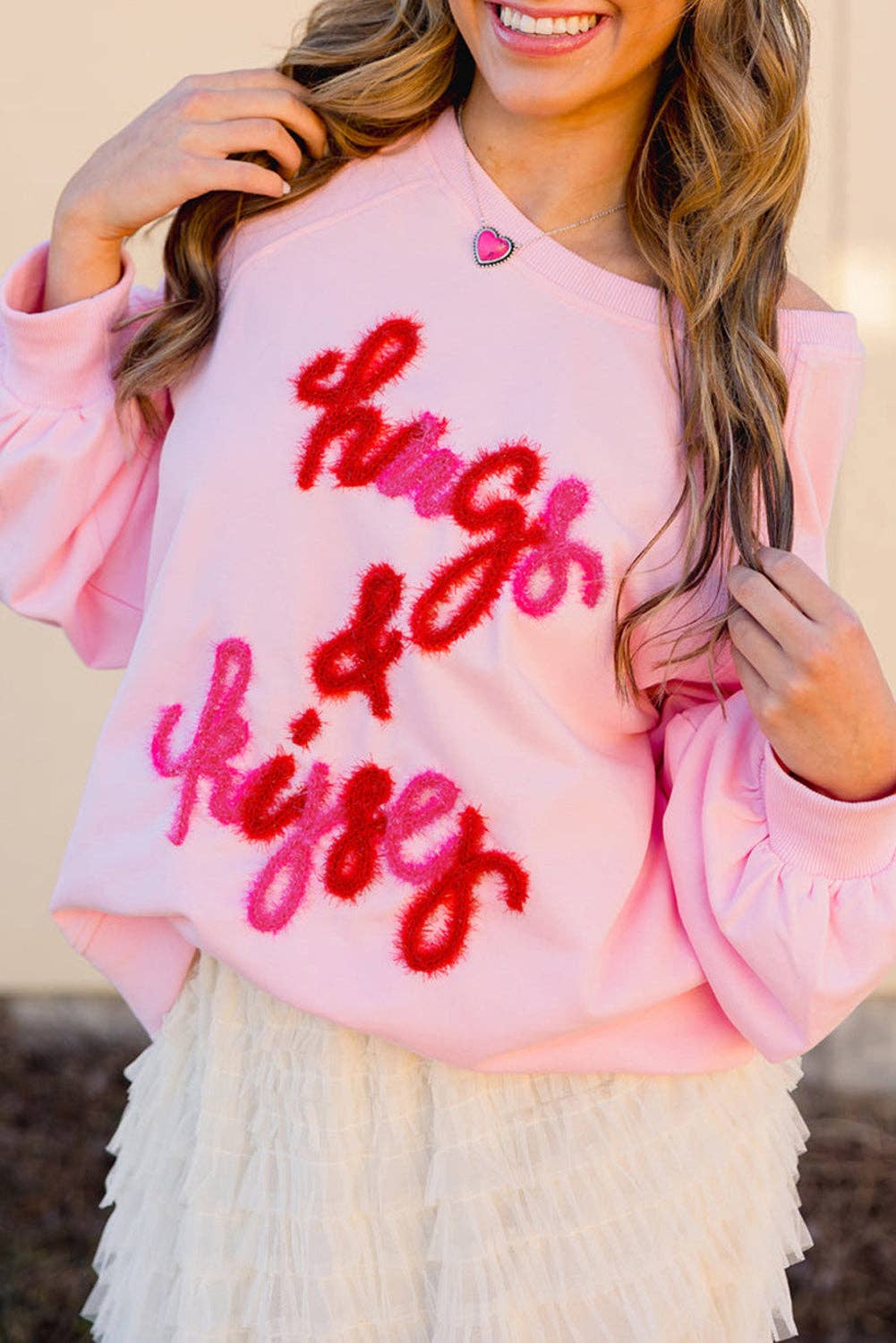 Hugs & Kisses Embroidered Sweatshirt: Pink / S