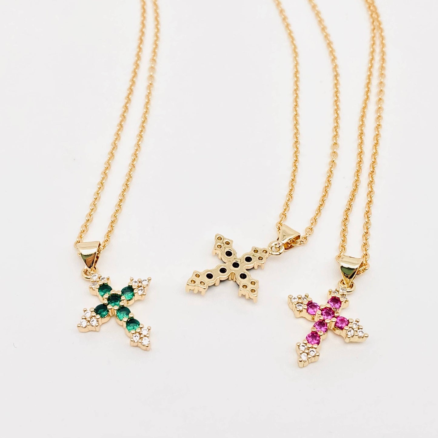 Colorful Cubic Zirconia Cross Pendant Necklace: Pink