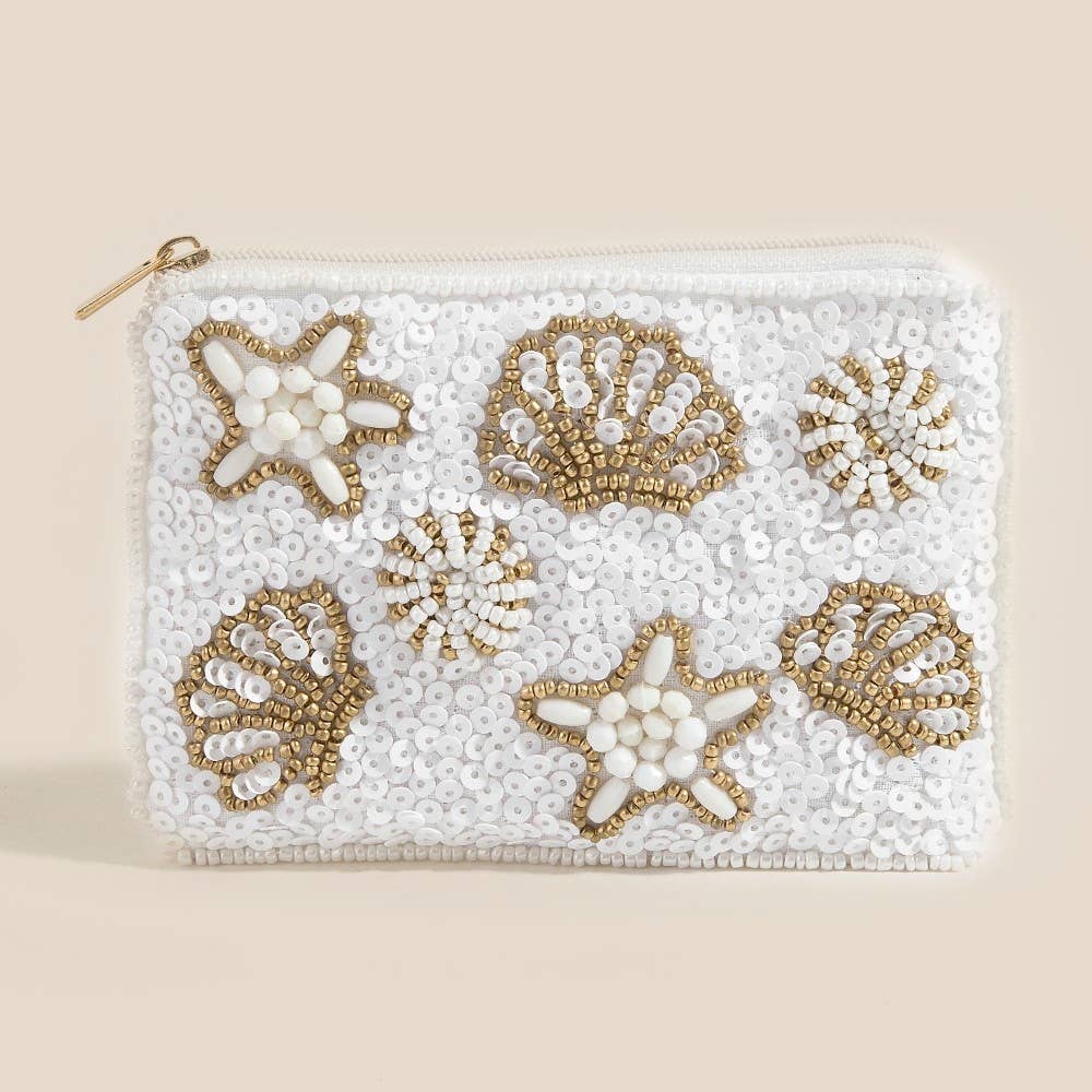 Starfish Clams And Sea Life Seed Beaded Coin Purse: MULTI