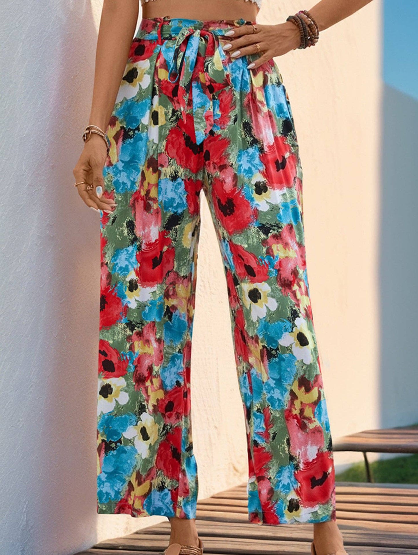 High-waisted casual vacation wide-leg pants: Green / (S) 1