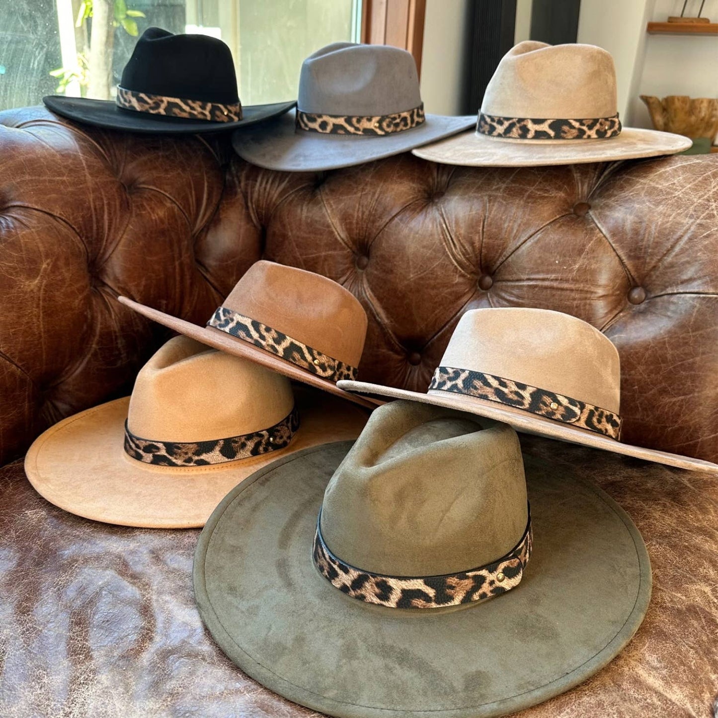 Wide Brim Suede Hat W/ Leopard printed belt: SAGE / ONE SIZE