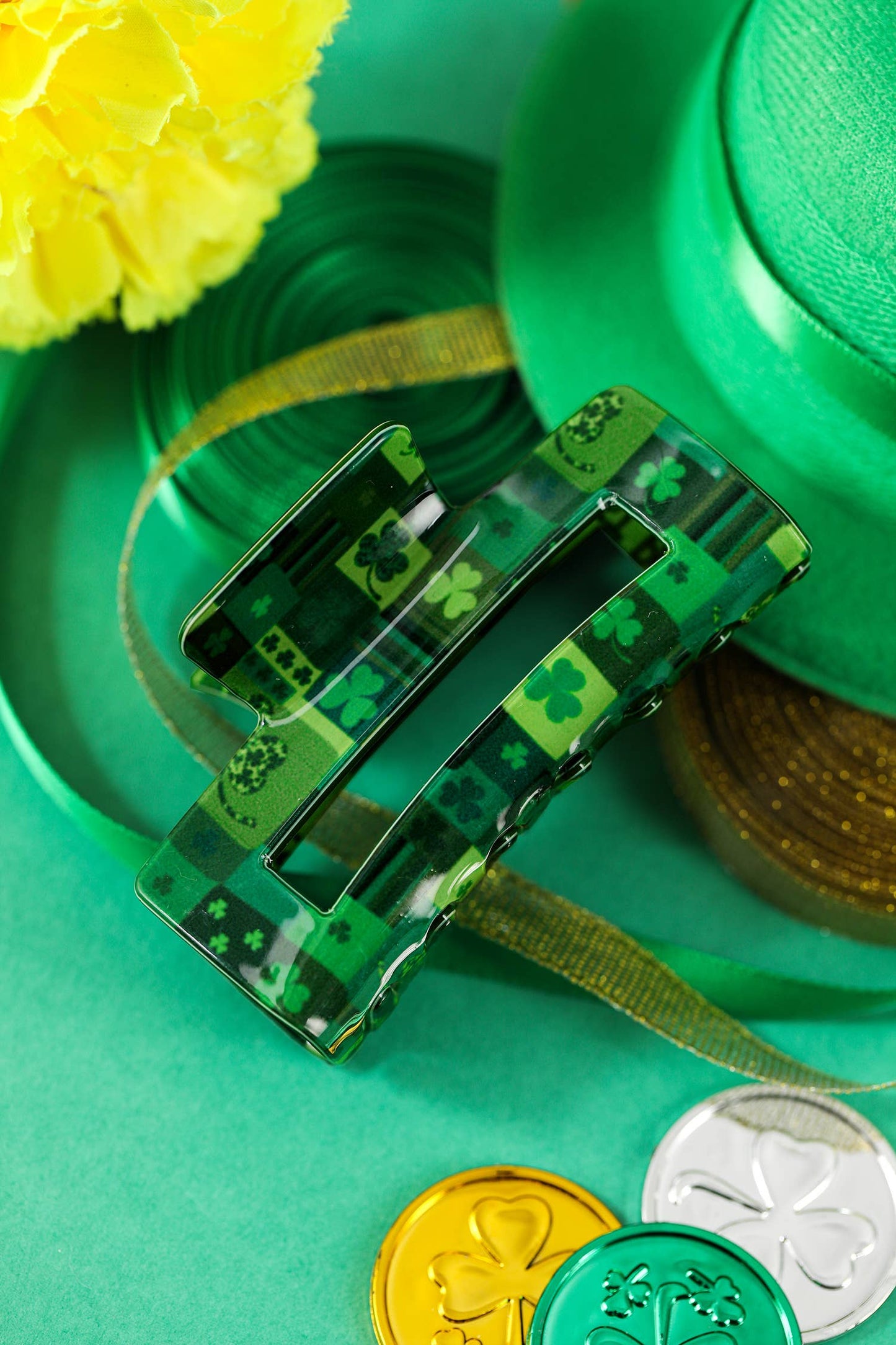 St Patricks Day Clover Square Hair Claw Clip: Dark Green / ONE SIZE