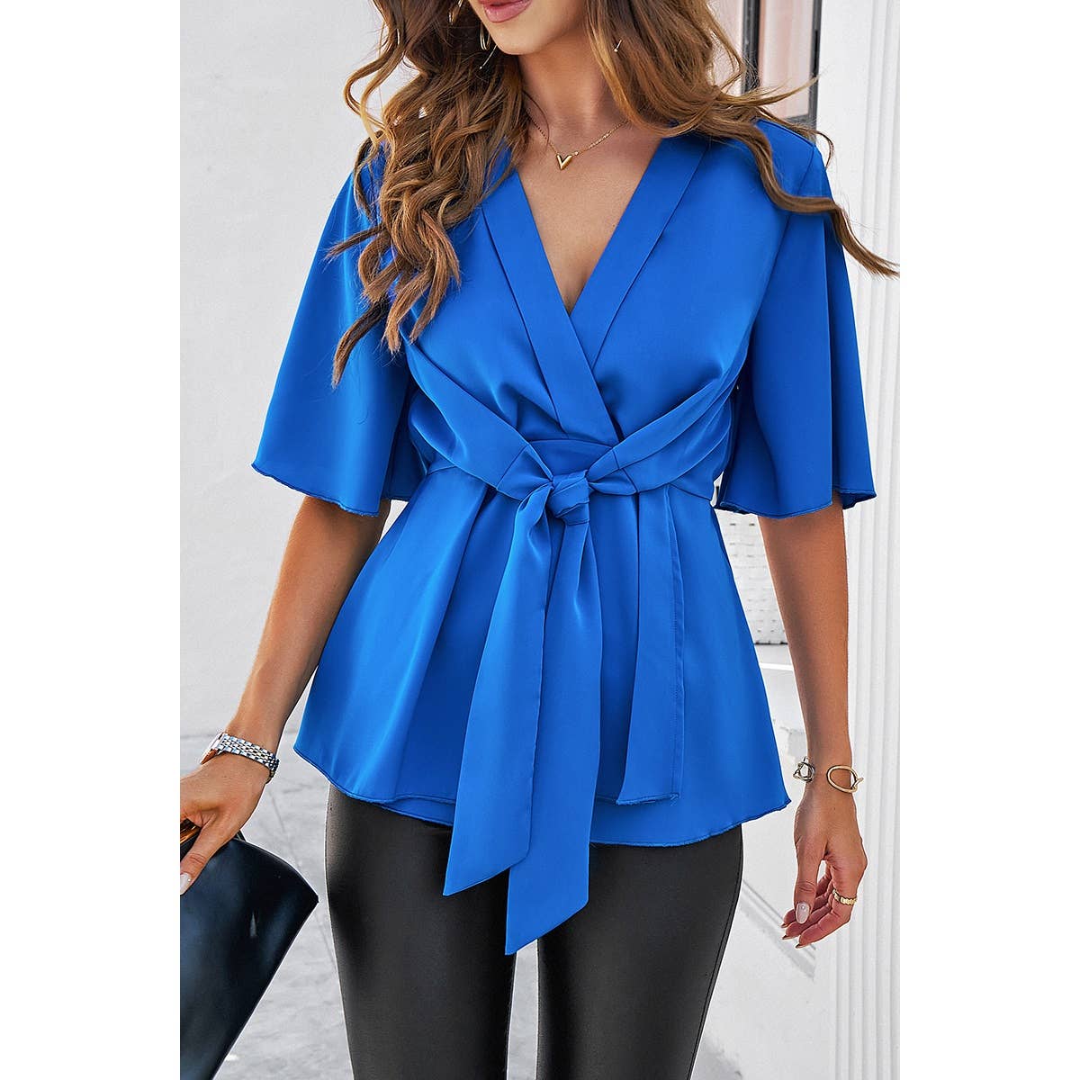 Wide Sleeve Deep V Knot Cross Ruffle Fit Blouse: WHITE / L