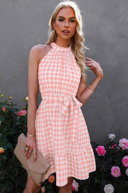 Plaid Key Hole Back Halter Sleeveless Dress: KHAKI / S